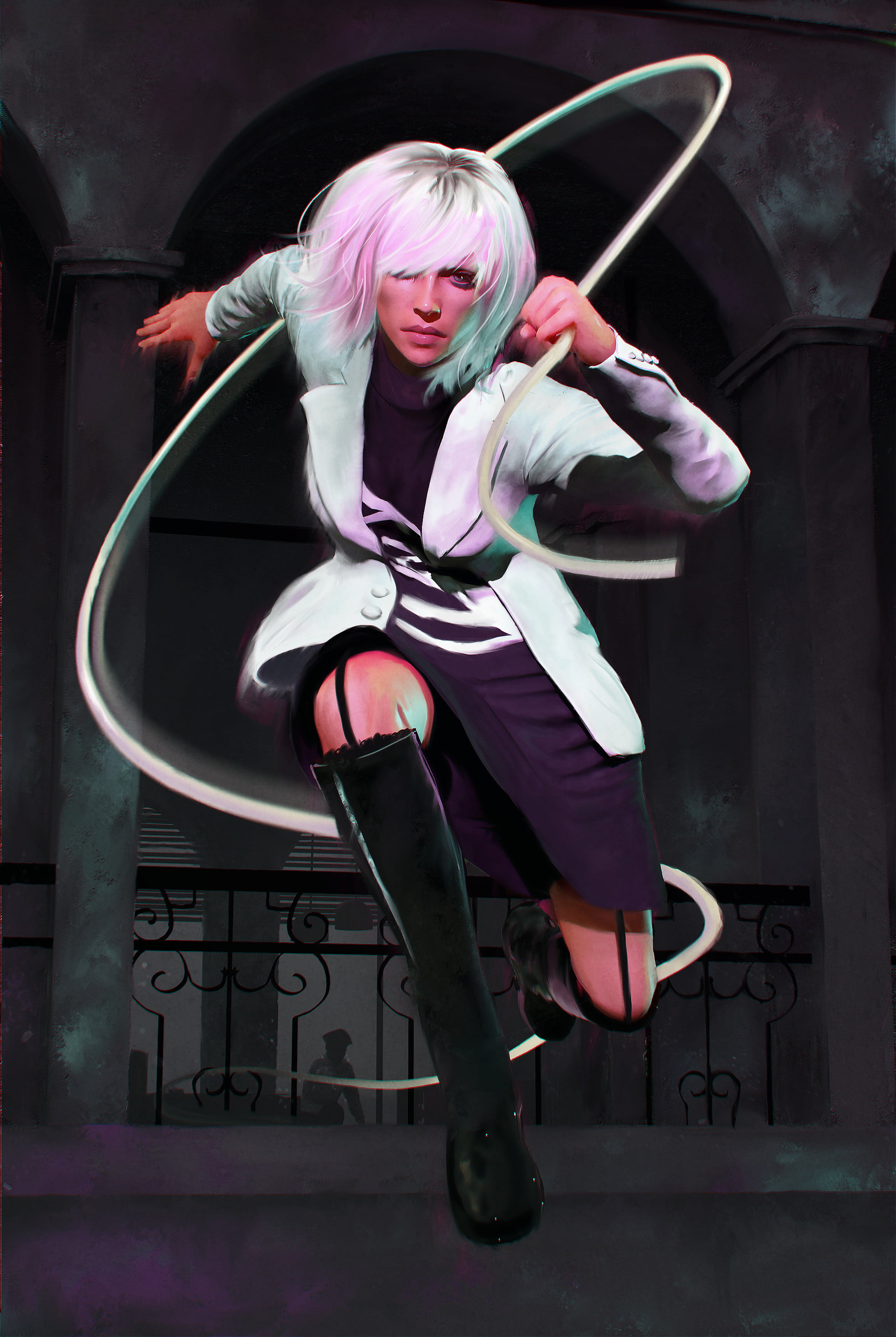 hair, black clothing, white coat, digital painting, looking at viewer, blond hair, boots, Atomic Blonde (Movie), blonde, Lorraine Broughton, fan art, artwork, Phone HD Wallpaper