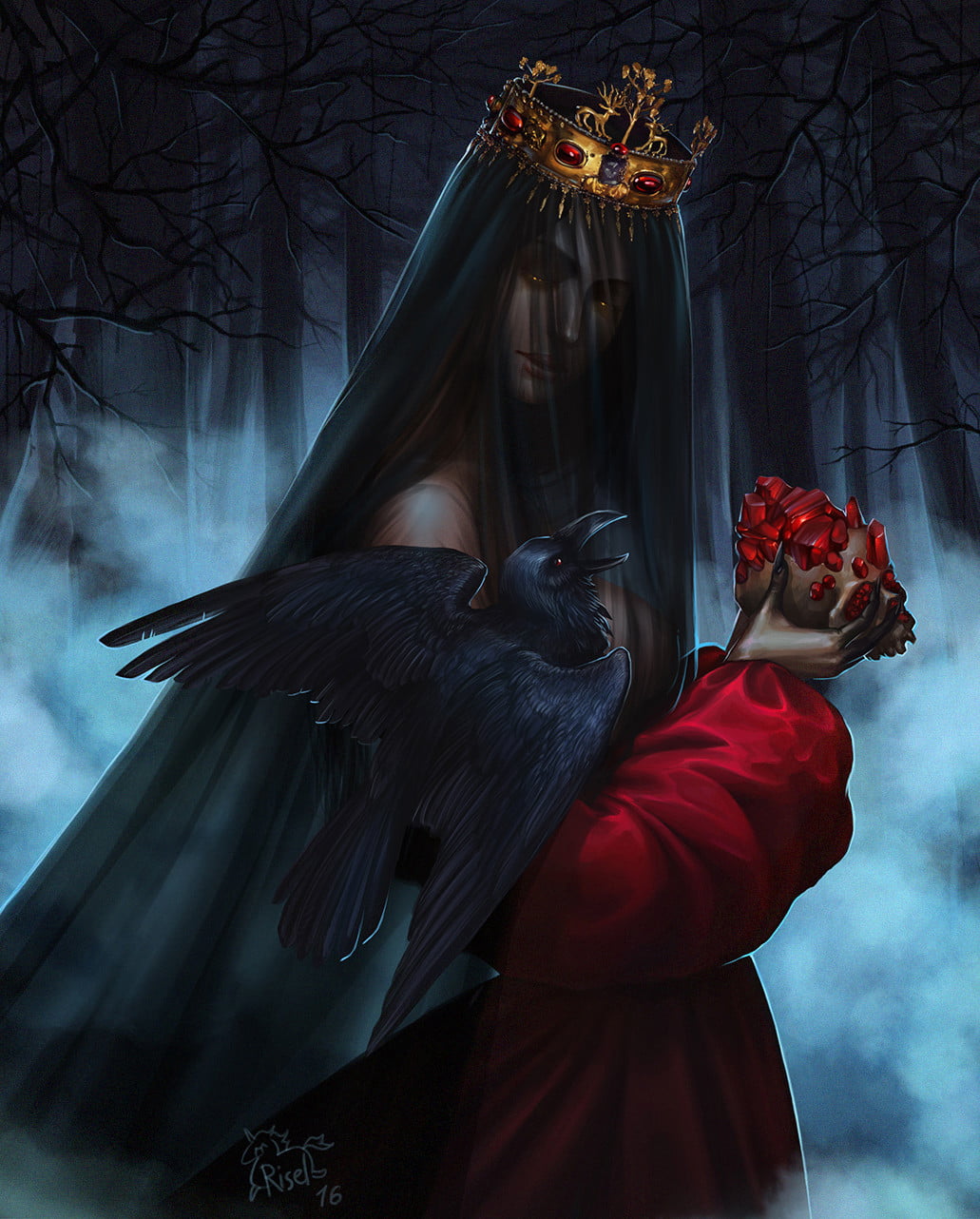 women, glowing eyes, hair, skull, clothing, 720P, young adult, one person, brunette, hairstyle, witch, Queen , crow, dark fantasy, spooky, females, waist up, Phone HD Wallpaper