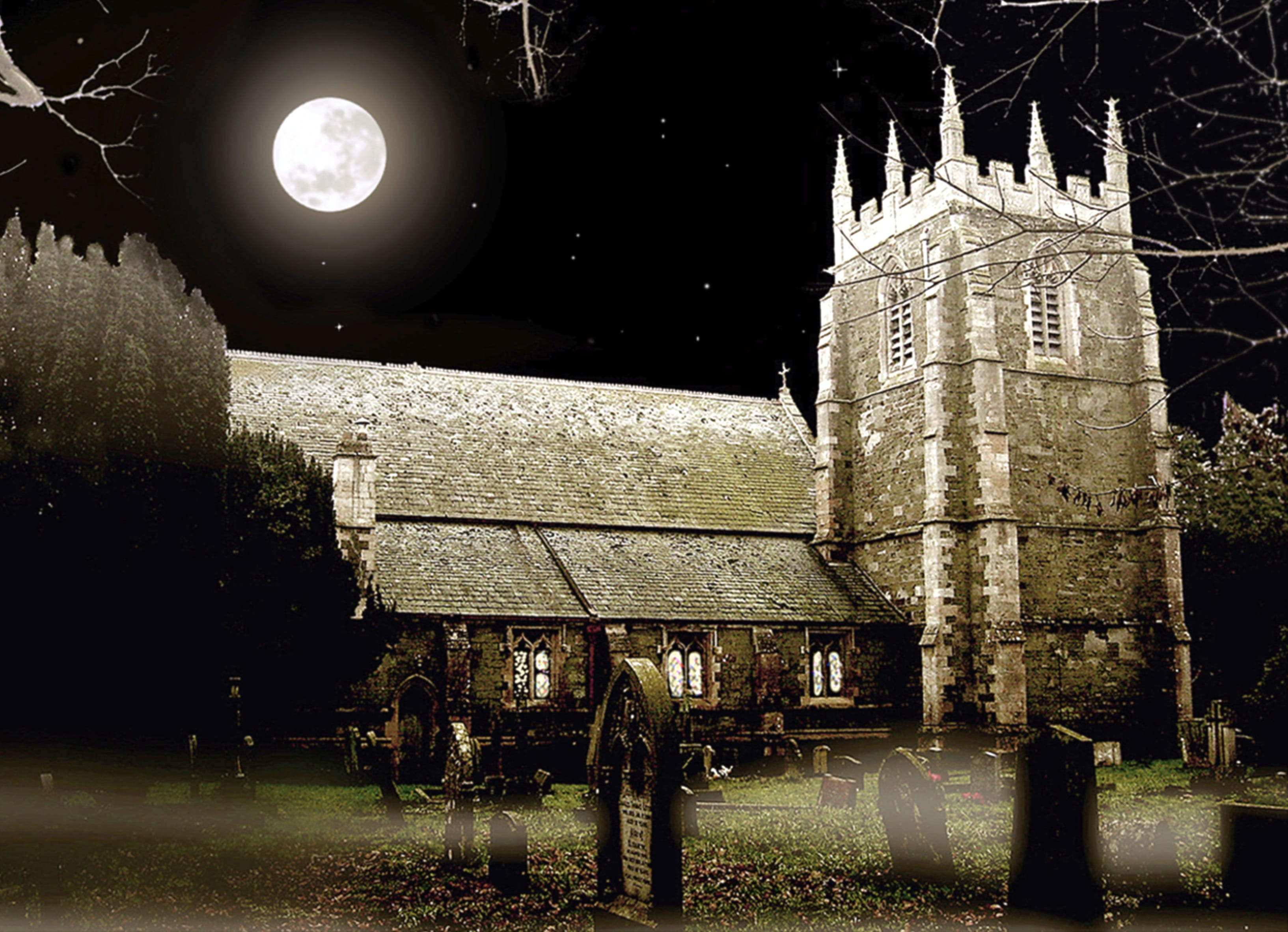 place of worship, Night, building, Church, built structure, illuminated, light, building exterior, nature, tree, Moonlight, uK, belief, 2K, religion, moon, HD Wallpaper