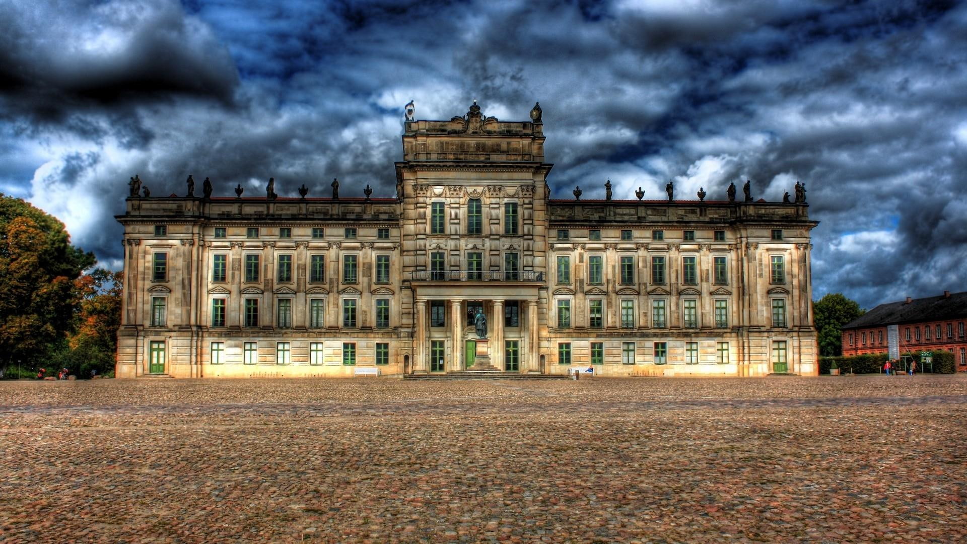 green, old, castle, beige, german, nature and landscapes, 1080P, clouds, cobblestones, hdr, HD Wallpaper