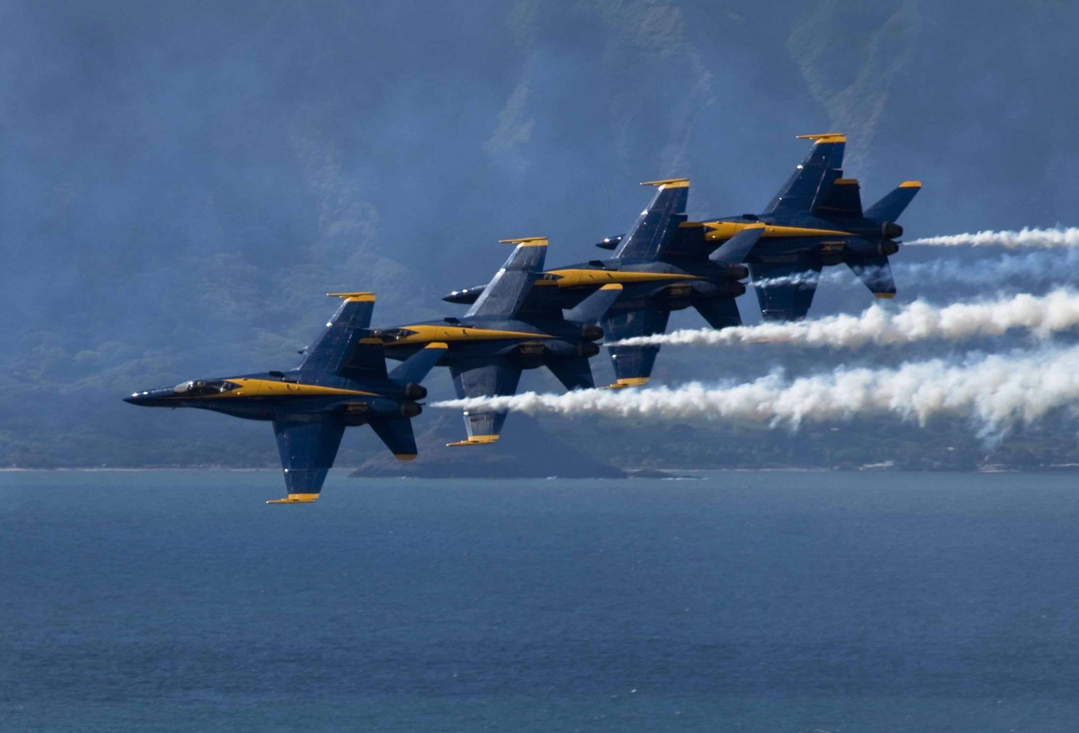 aviation, no people, military, water, flight, smoke - physical structure, mode of transportation, airplane, motion, formation, sky, flying, air vehicle, HD Wallpaper