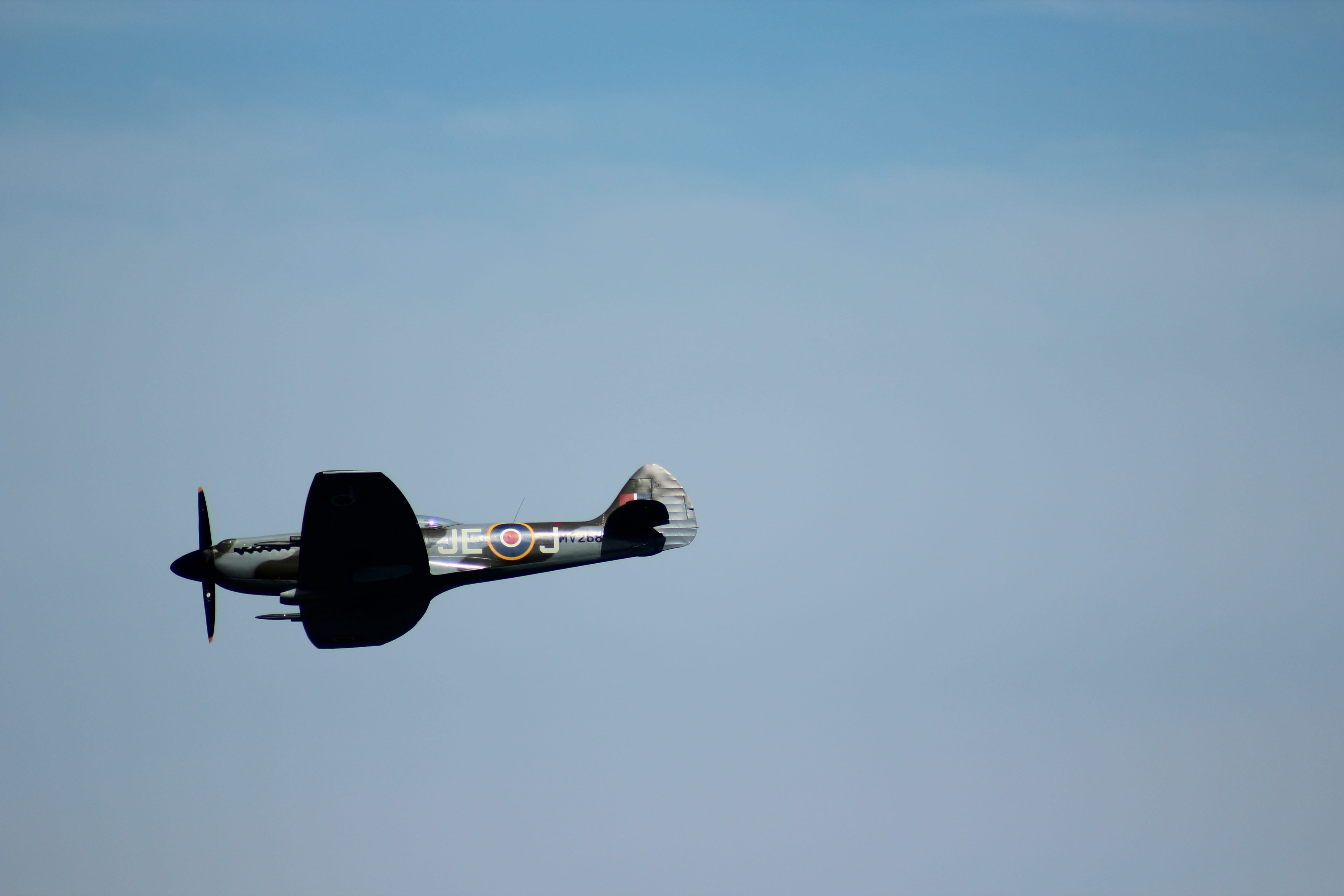 transportation, low angle view, transport, historic, spitfire, outdoors, air vehicle, fighter plane, war, mid-air, motion, blue, cockpit, fighter, battle of britain, HD Wallpaper