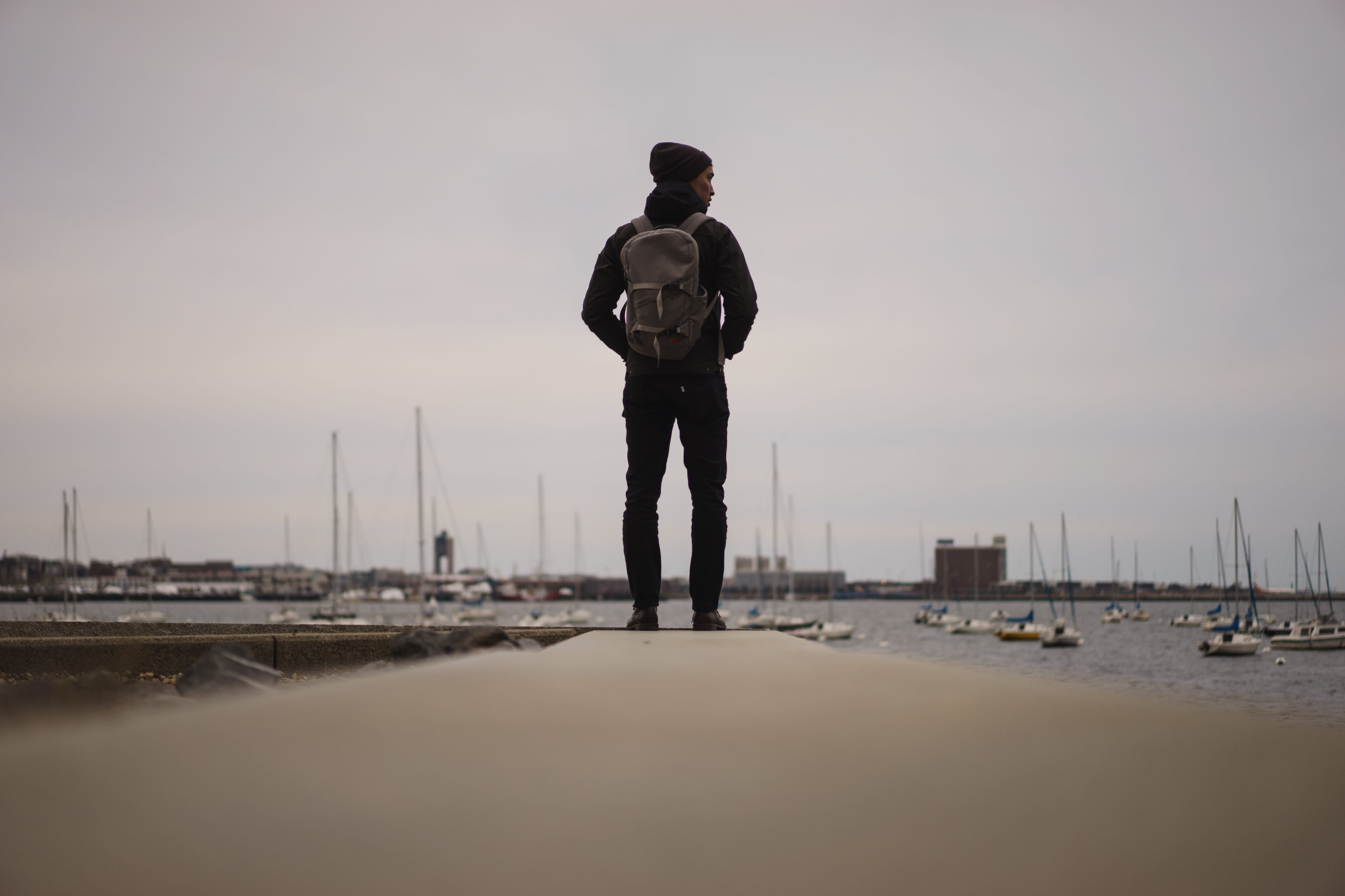 full length, standing, leisure activity, boat, harbor, young adult, land, hands in pockets, boston, sky, united states, sunset, rear view, nature, outdoors, HD Wallpaper