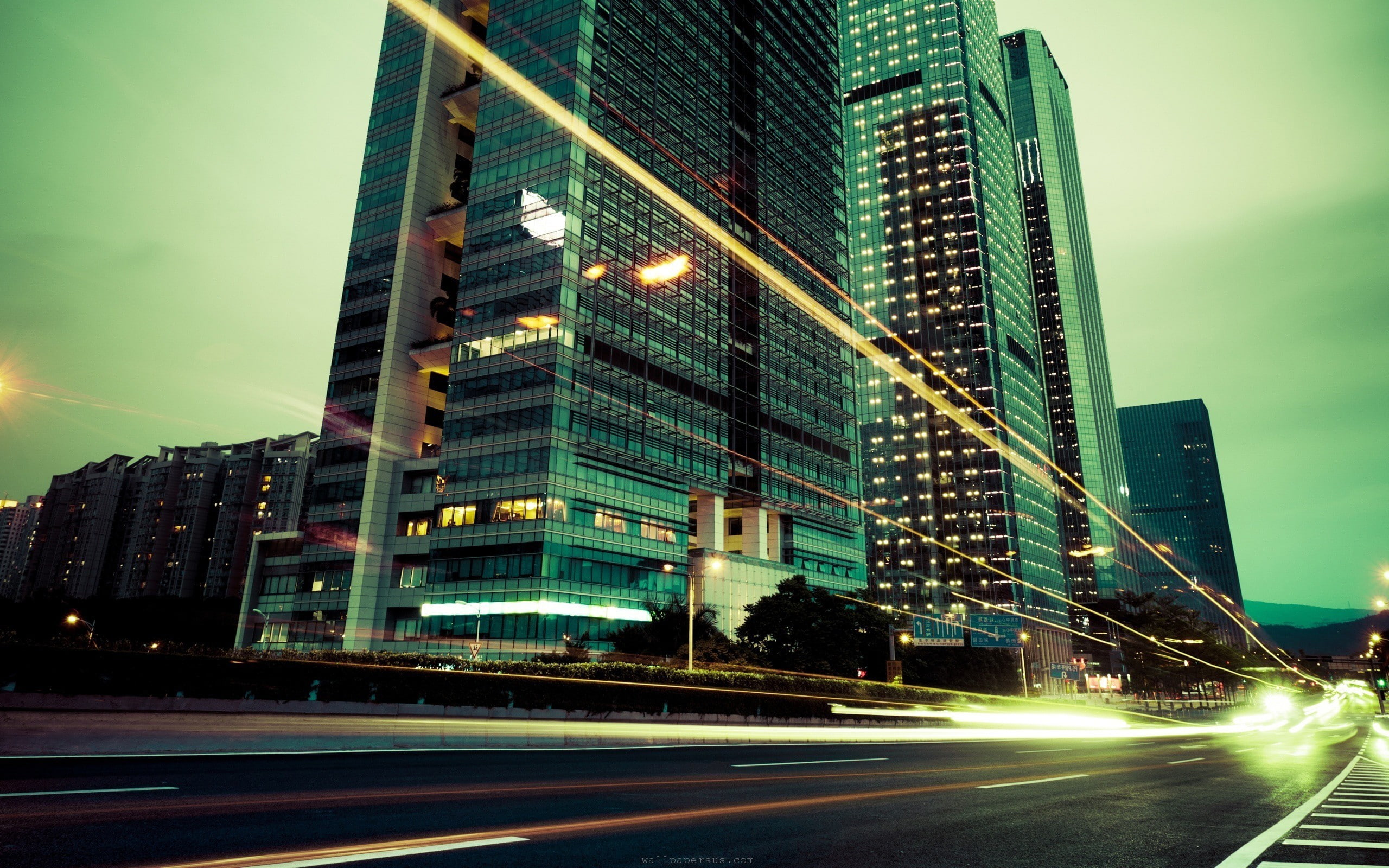 modern, office building exterior, skyscraper, cityscape, sky, illuminated, light, transportation, highway, night, urban, street, speed, office, financial district, HD Wallpaper
