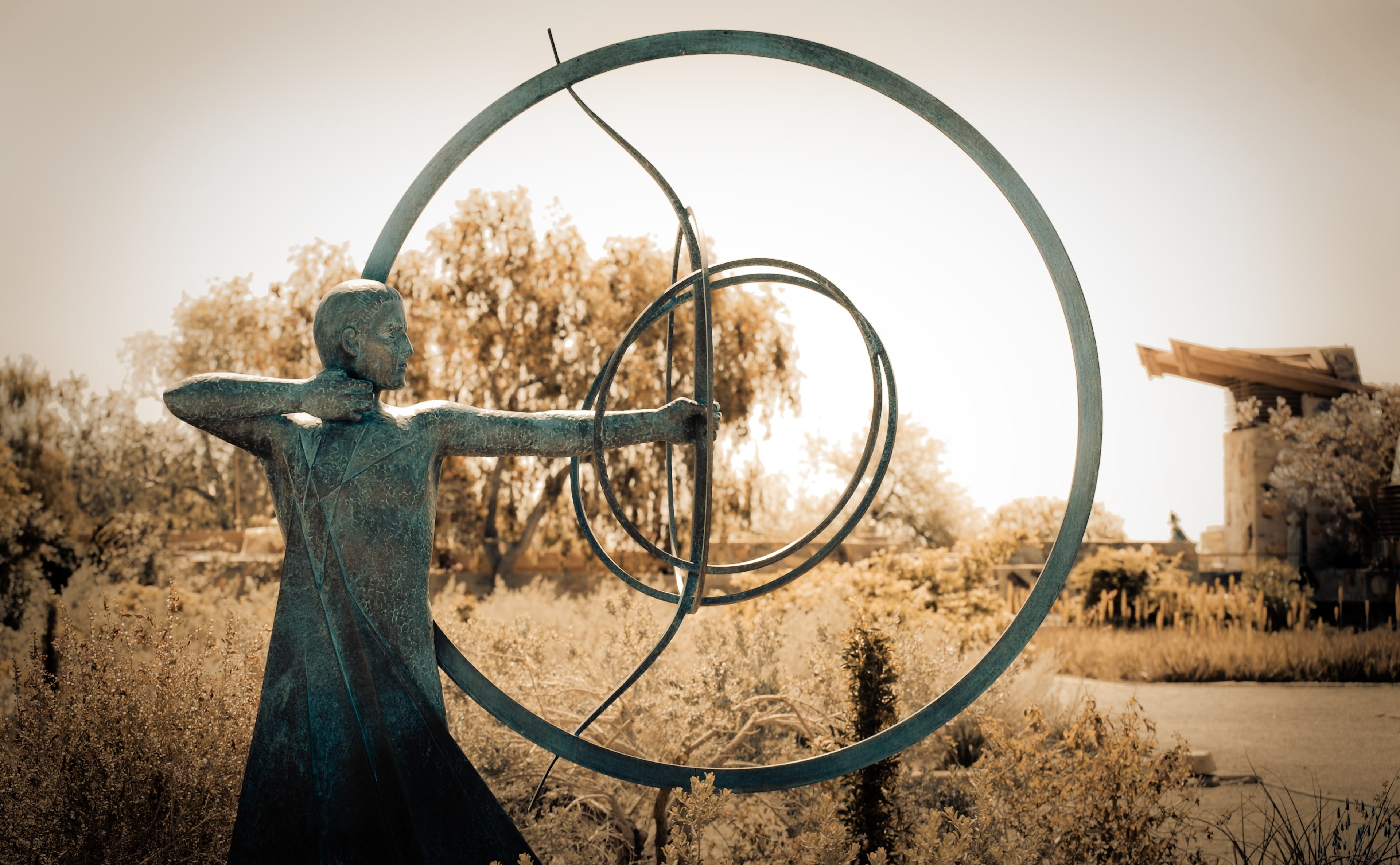 art and craft, day, Archer, shape, Vintage, plant, archery, field, close-up, Landscape, statue, agriculture, Outdoor, metal, land, Sepia, wheel, sunlight, HD Wallpaper