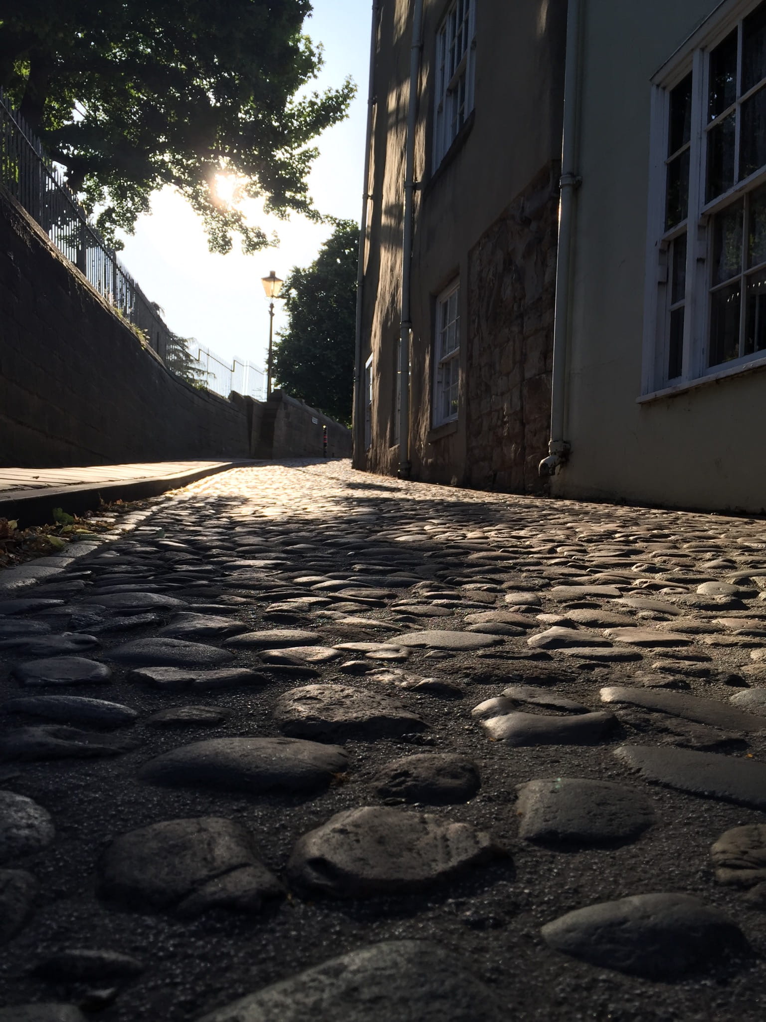 nature, plant, residential district, outdoors, sunset, day, city, road, durham, built structure, 1080P, footpath, cobble, street, buildings, building, Phone HD Wallpaper