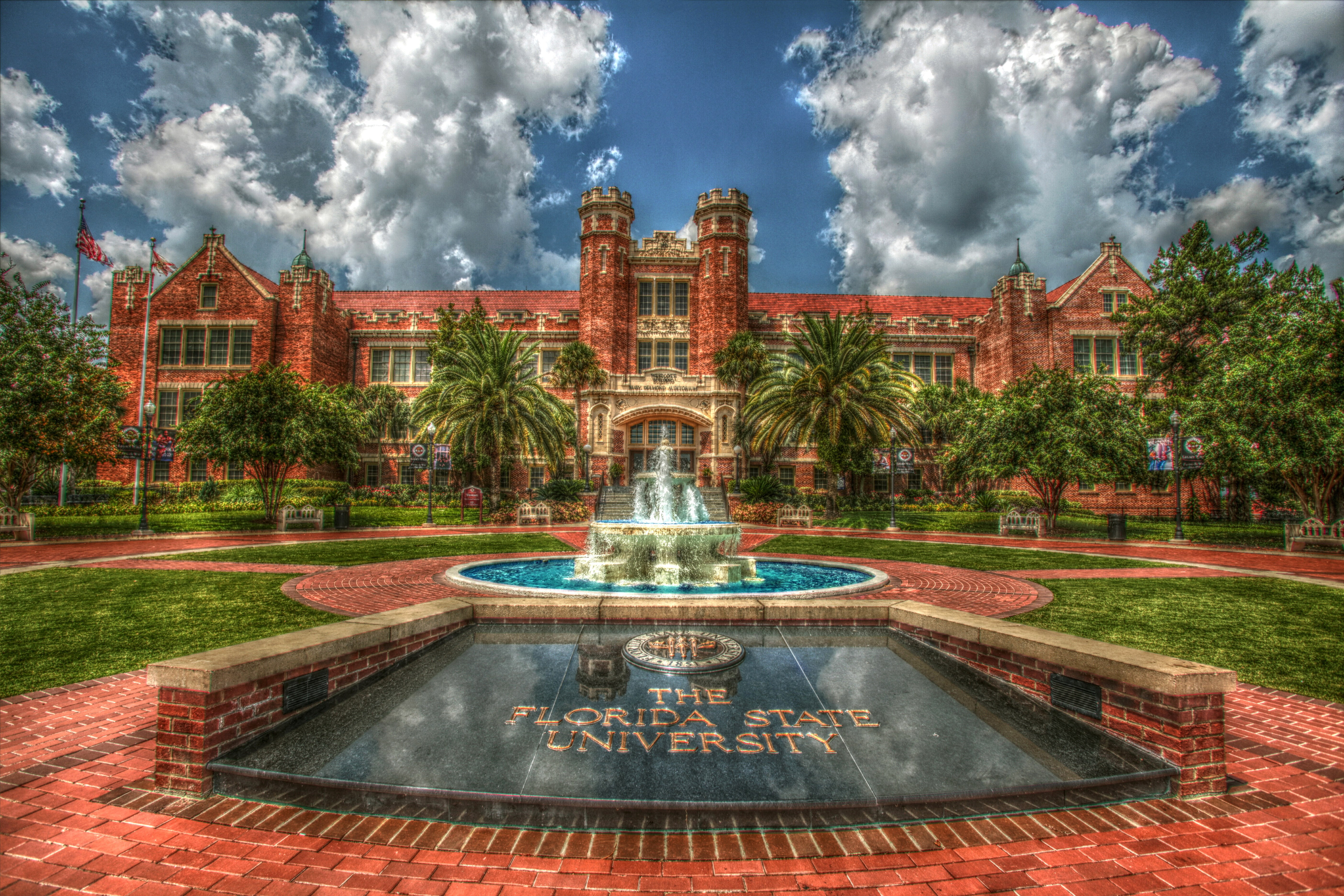 the past, nature, built structure, 5K, spraying, building exterior, florida state university, cloud - sky, building, sky, no people, water, city, plant, HD Wallpaper