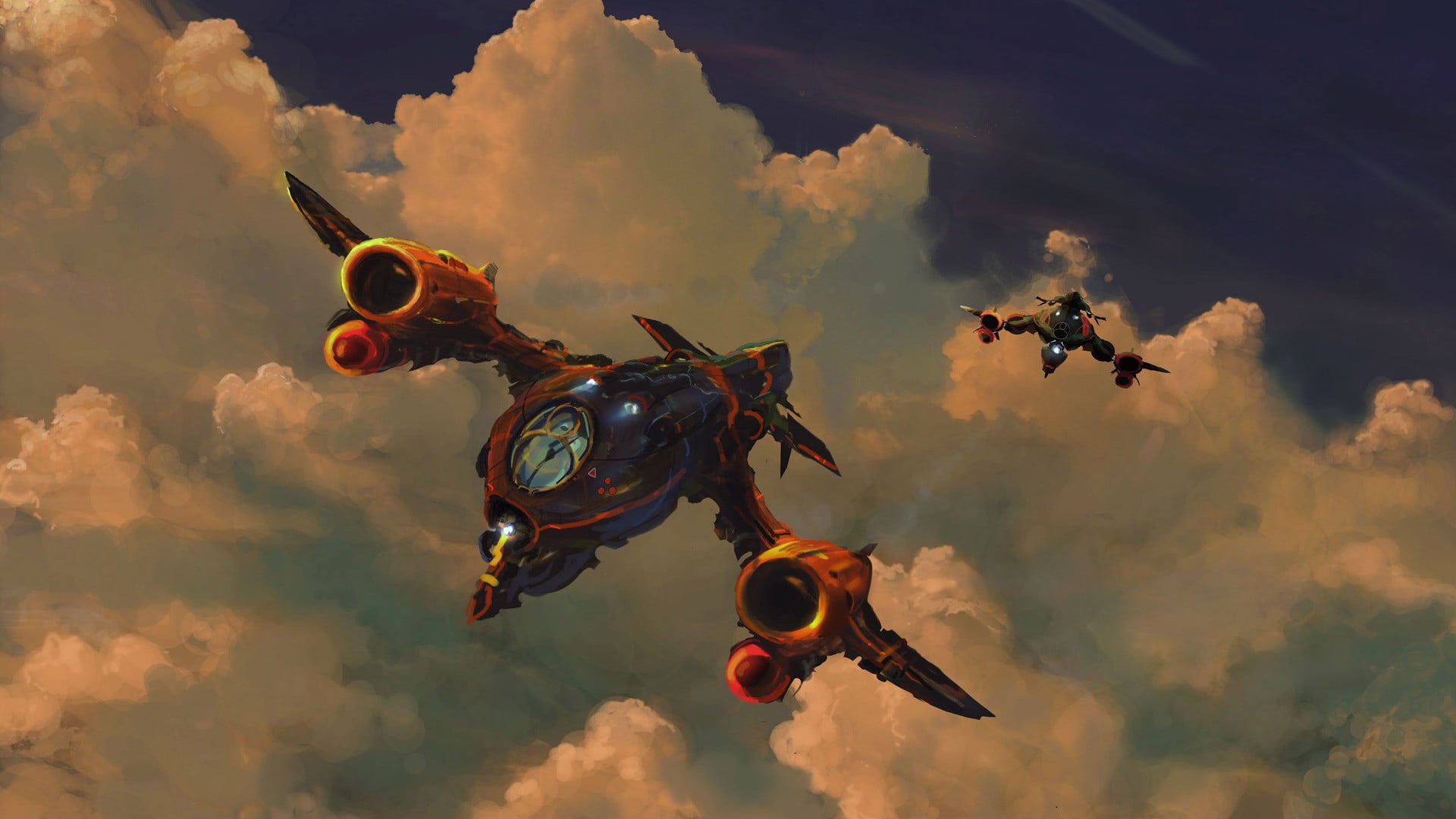 aircrafts, fantasy art, 1080P, digital, concept art, two, artwork, orange color, water, outdoors, transportation, art, no people, clouds, sunset, flying, HD Wallpaper