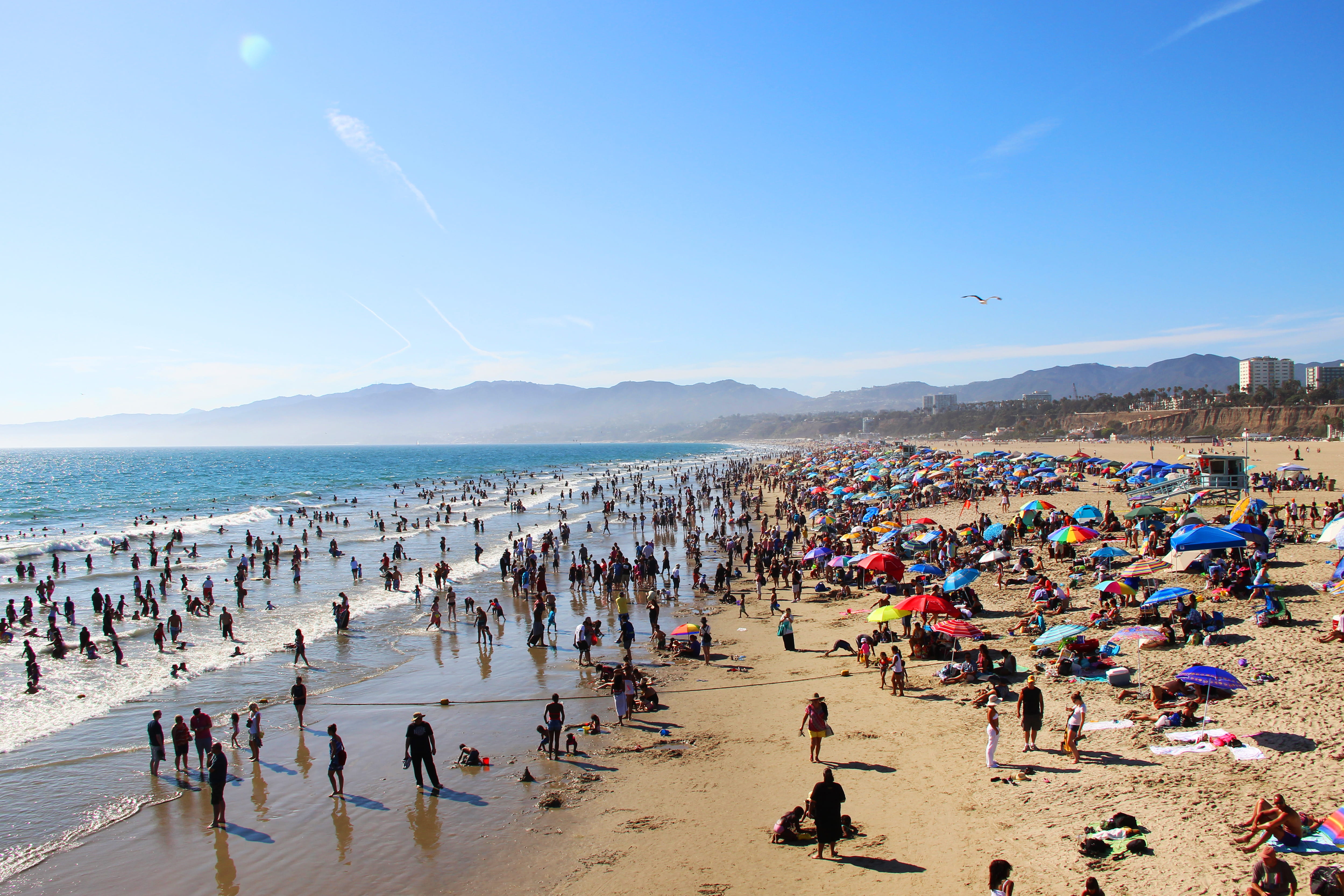 large group of people, swimmers, los angeles, sun, happyness, land, nature, united states, hills, vacations, sea, trip, tourism, real people, santa monica, HD Wallpaper