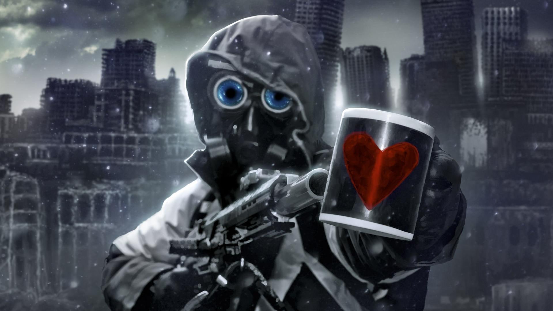 futuristic, comic, gas, 1080P, science, horror, romantically, gasmask, apocalyptic, sci-fi, scary, creepy, dark, mask, fiction, technics, HD Wallpaper