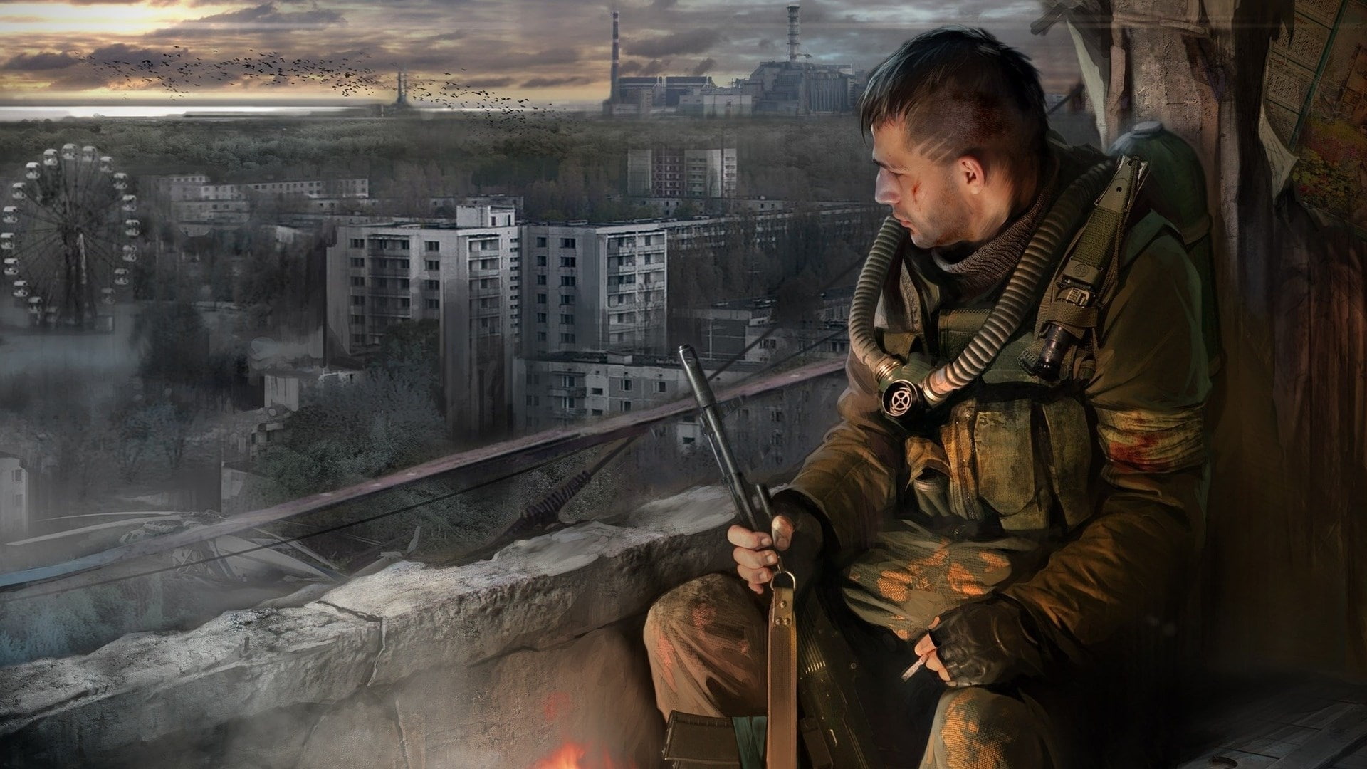 STALKER: Call of Pripyat, men, building, architecture, building exterior, looking, holding, standing, city, military, weapon, young men, clothing, adult, HD Wallpaper