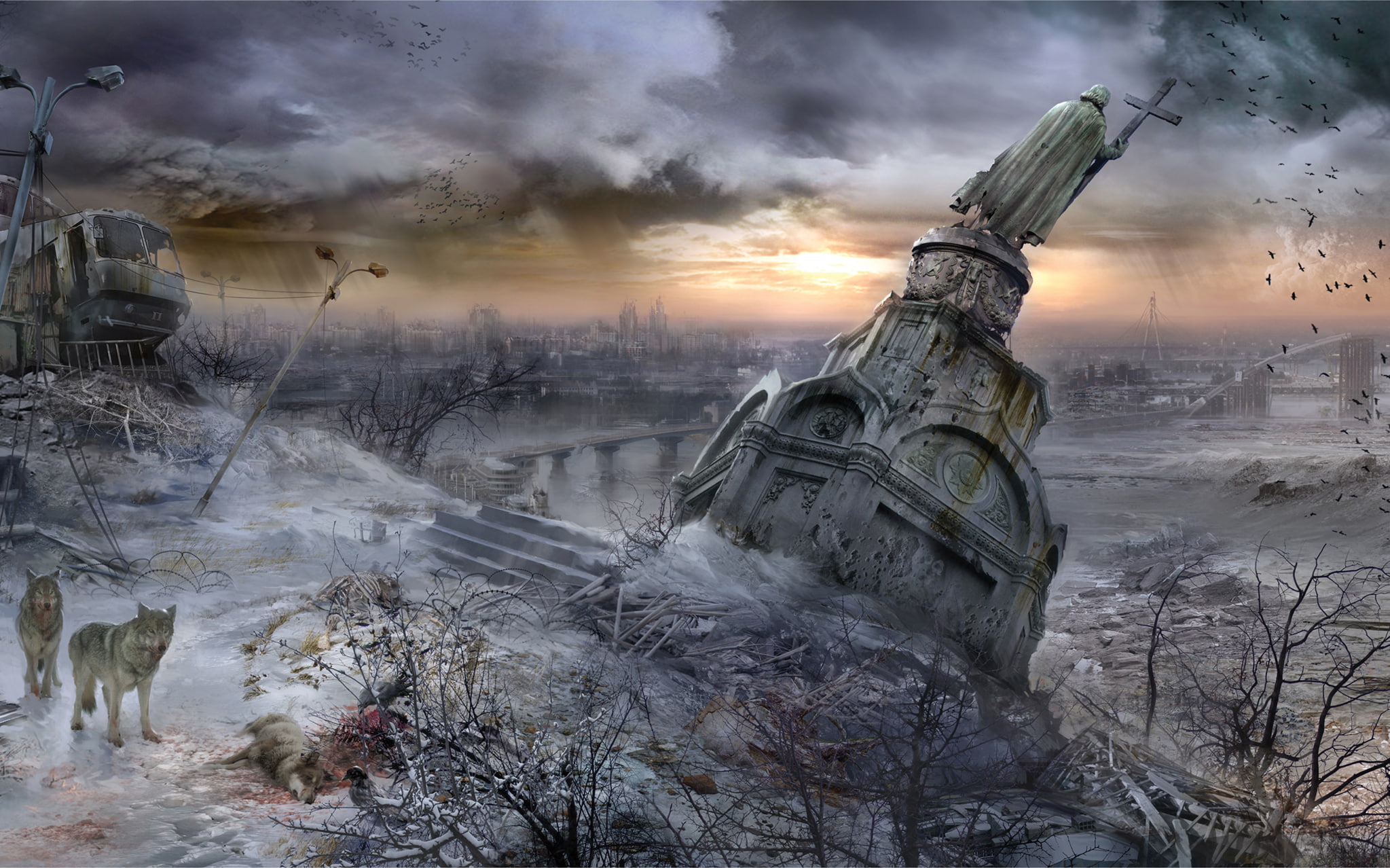 pustosh, 1080P, art, Vladimir, animals, wolves, monument, HD Wallpaper