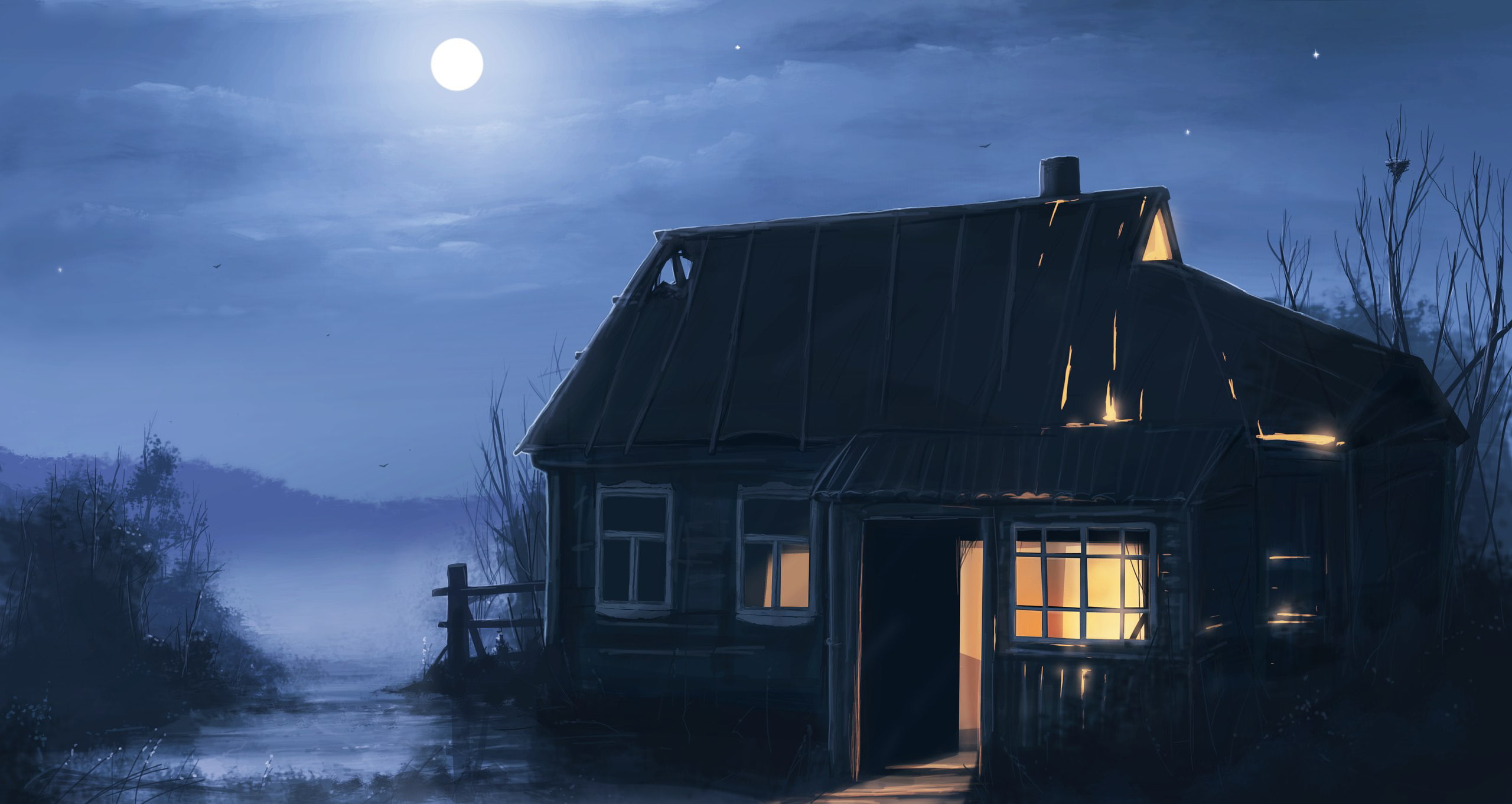 tree, the moon, night, art, house, 2K, pustosh, HD Wallpaper