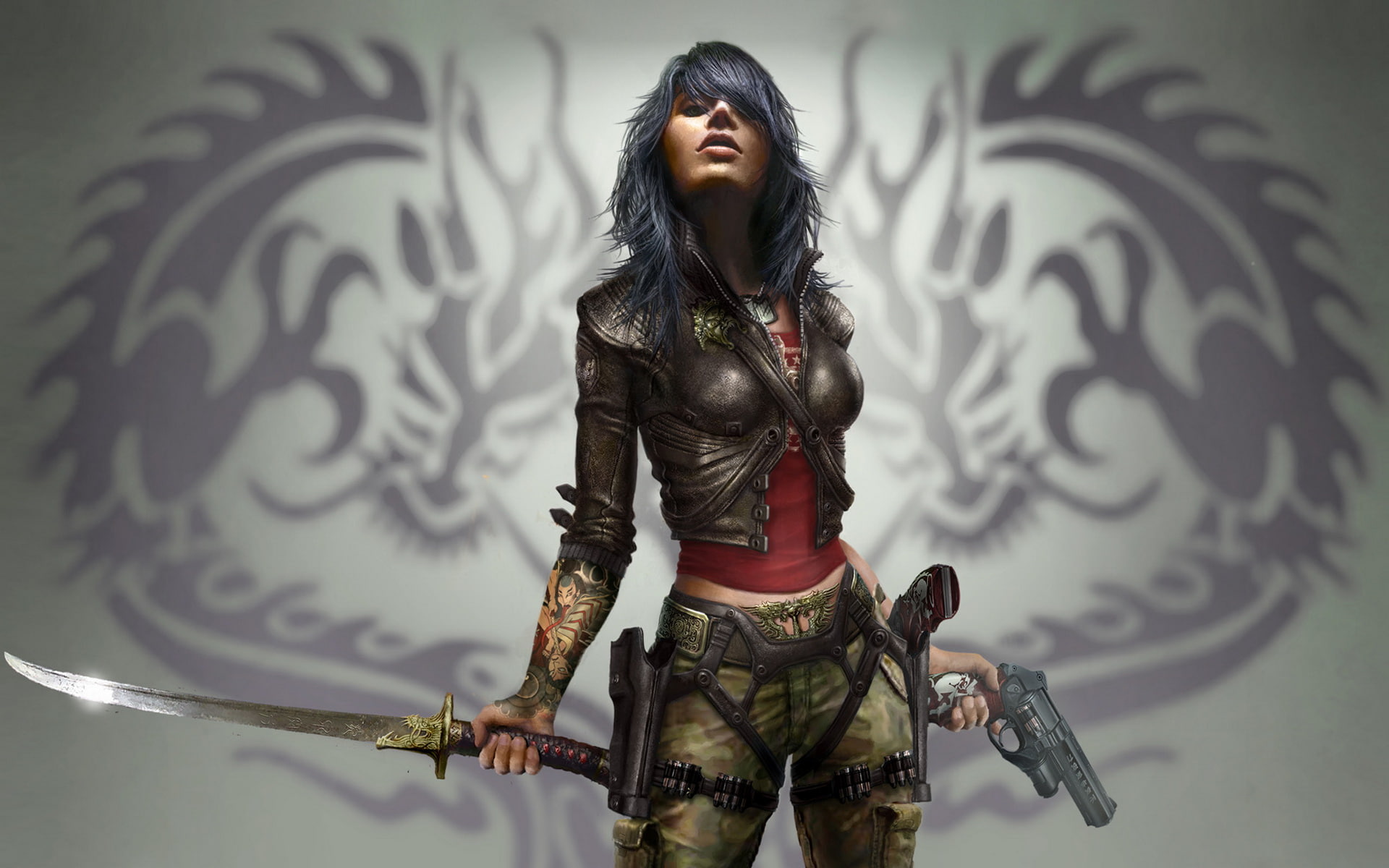 game, pistol, 1080P, xbox, holding, black, wearing, woman, sword, photo, jacket, wet, HD Wallpaper