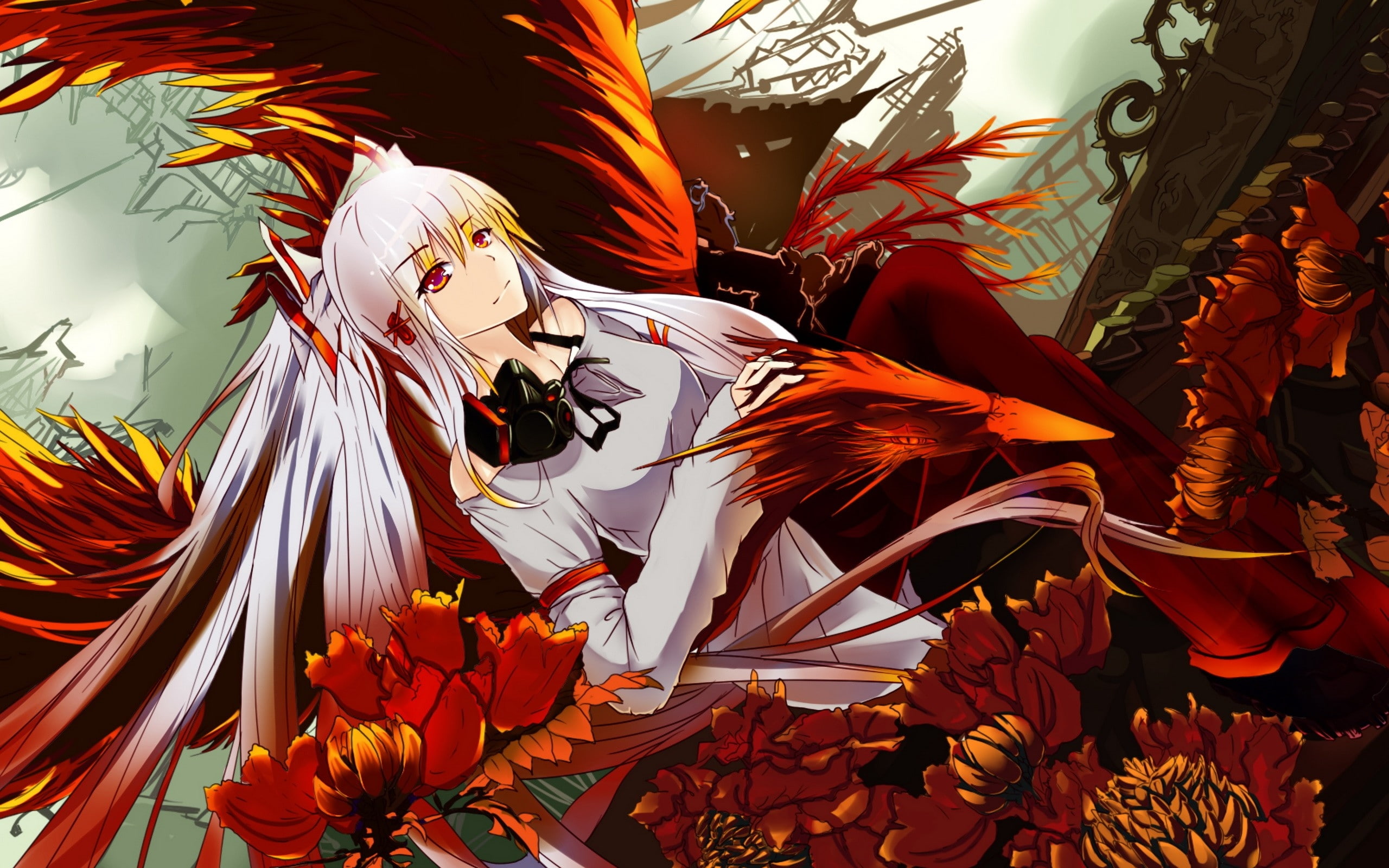 masks, mokou, Touhou, hair, art, 2K, red, eyes, hd, games, video, phoenix, nature, Video Games, flowers, long, gas, fujiwara, white, bow, HD Wallpaper