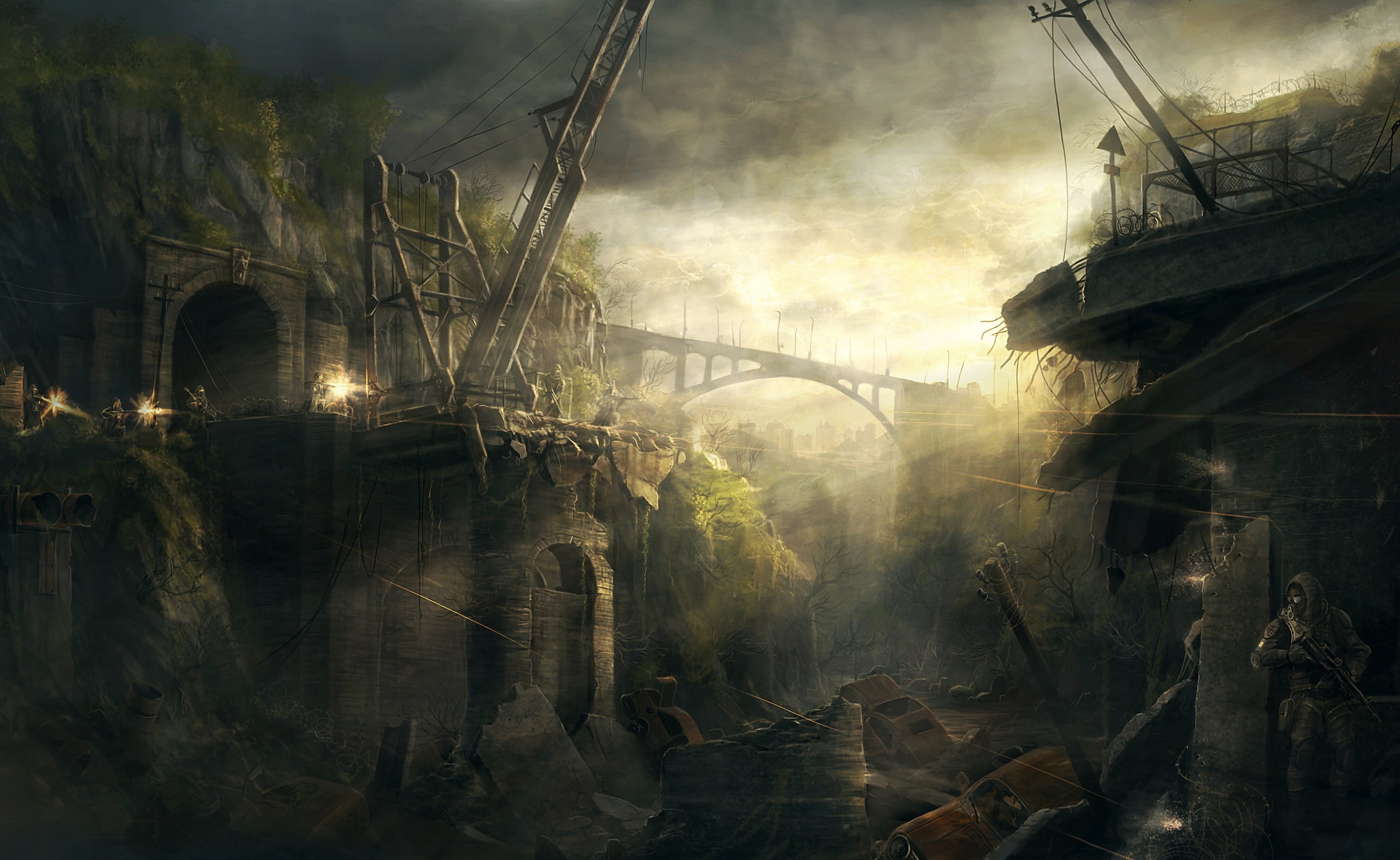 concept art, architecture, 2K, water, bridge - man made structure, built structure, S.T.A.L.K.E.R., clear, smoke - physical structure, sky, HD Wallpaper
