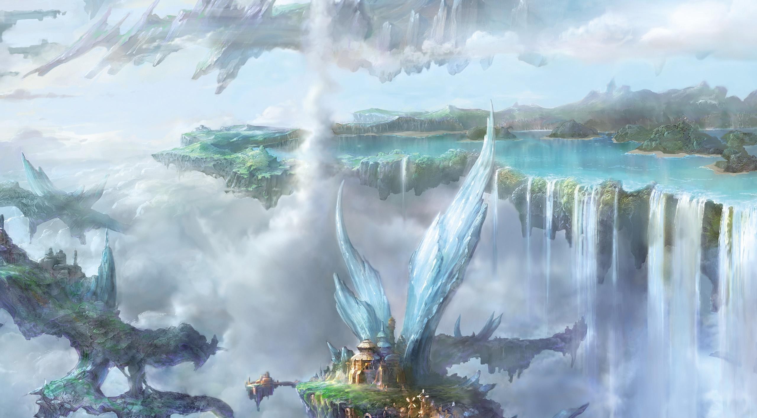 3d and abstract, clouds, fantasy, waterfalls, land, 2K, lake, city, HD Wallpaper