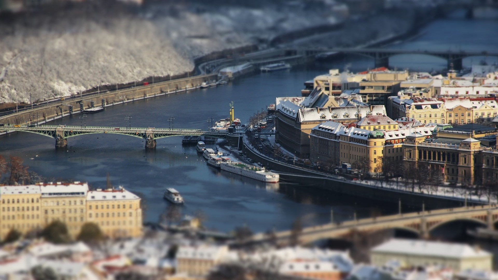 art, winter, Rivers, sports, cityscapes, tiltshift, tilt-shift, winter sports, nature, Prague, 1080P, hd, HD Wallpaper