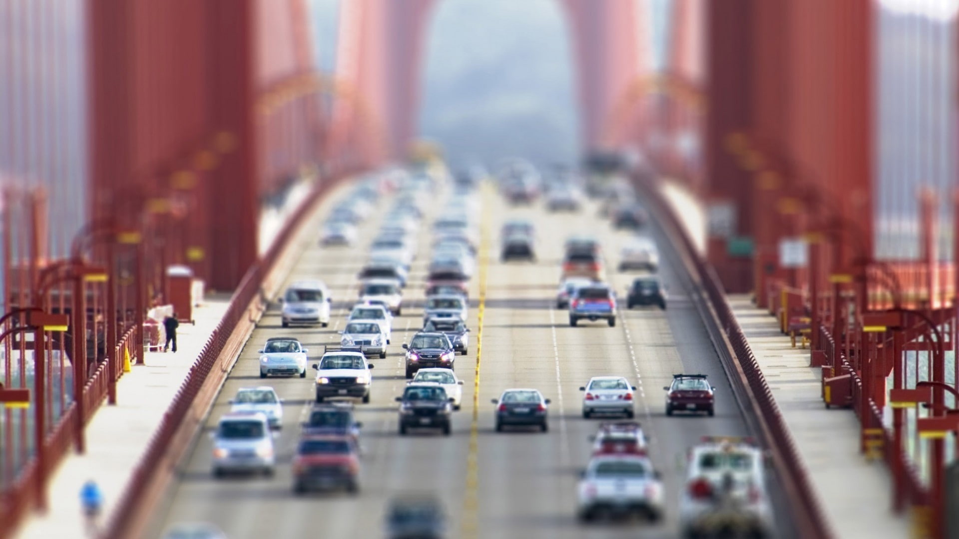 1080P, cars, hd, bridges, bridge, architecture, golden, x, gate, tiltshift, vehicles, art, HD Wallpaper