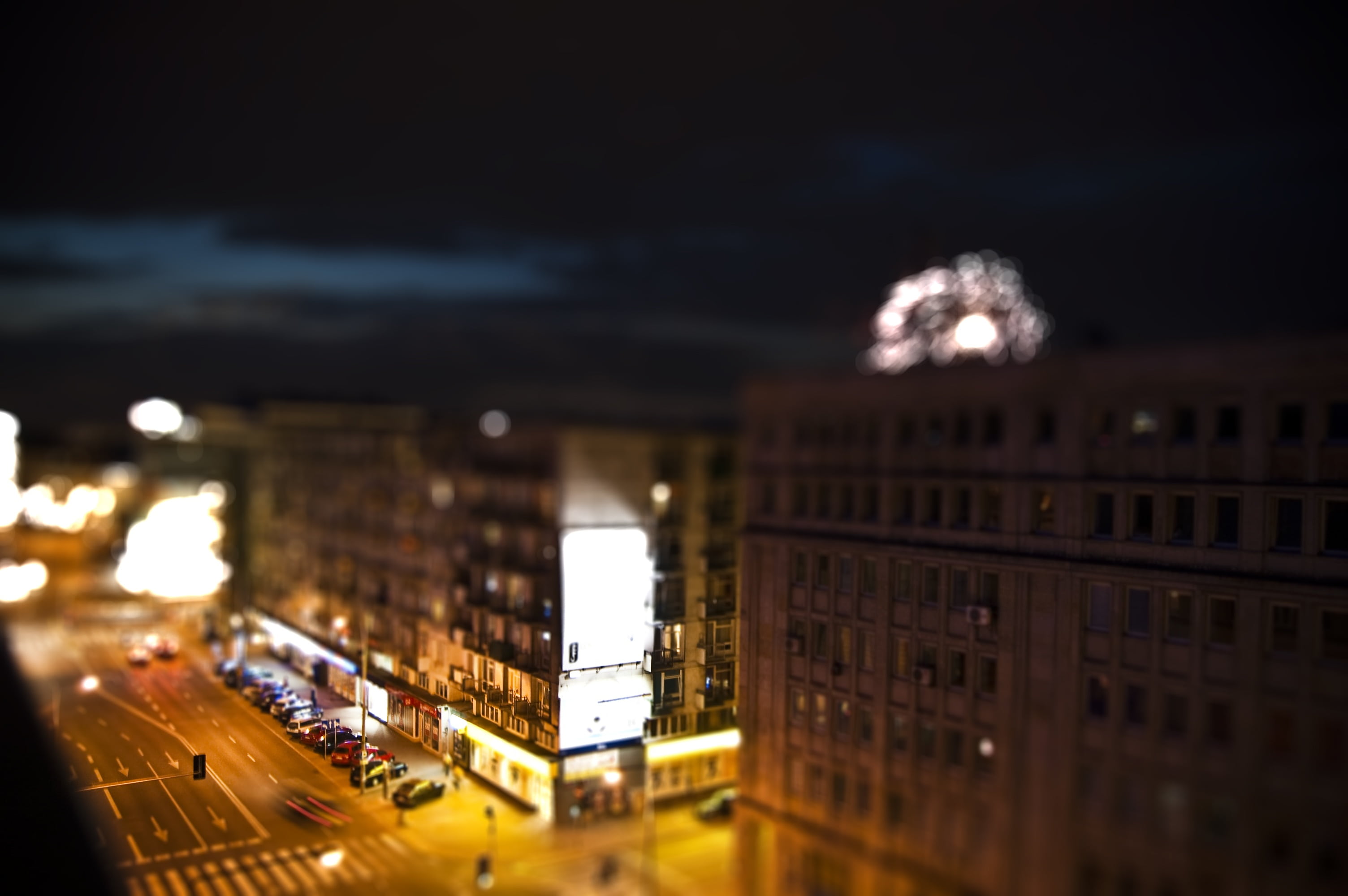 skyscraper, building exterior, travel, building, street, no people, built structure, warsaw, night, high angle view, 2K, residential district, illuminated, HD Wallpaper