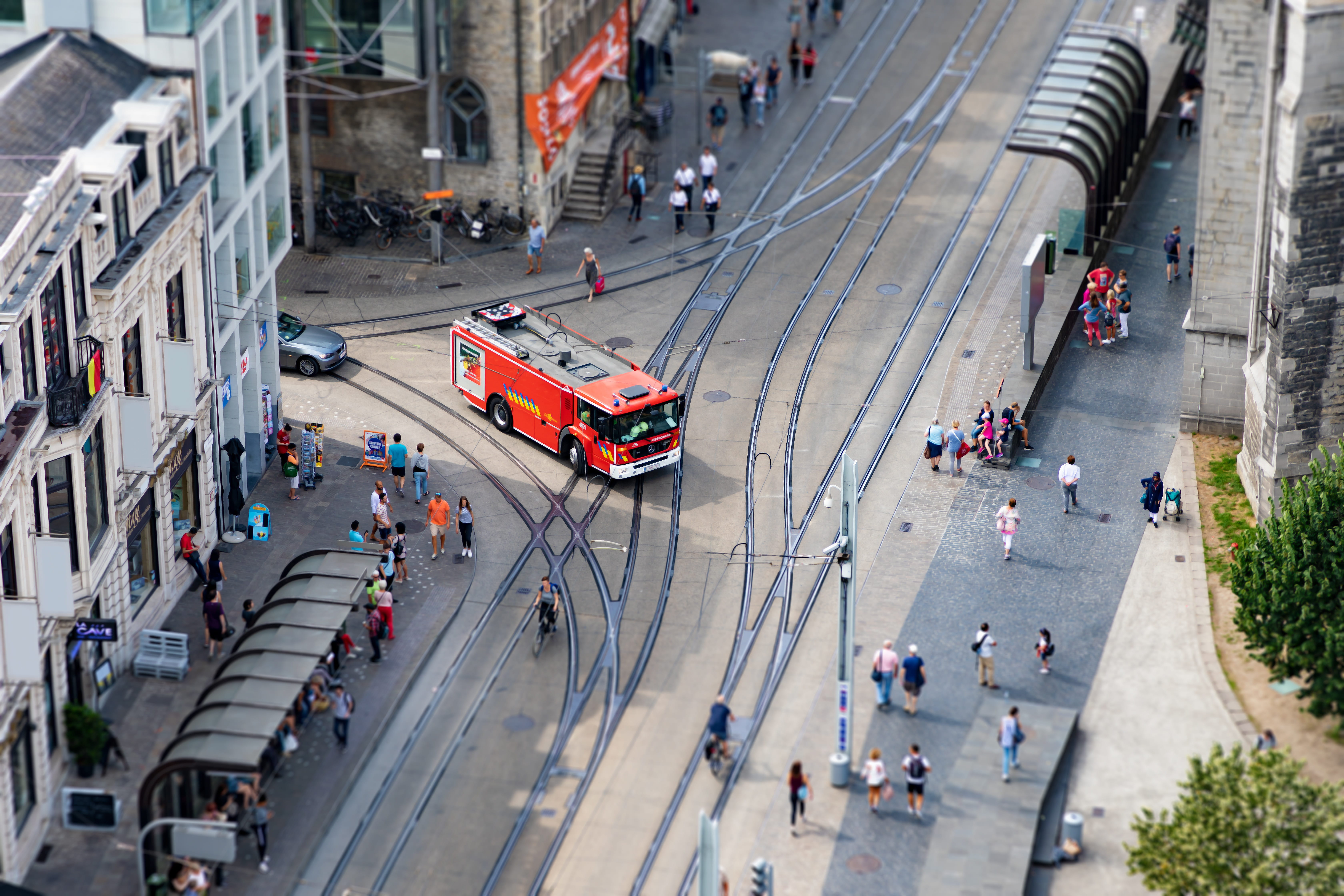 city street, car, group of people, fire truck, ghent, architecture, flanders, crowd, outdoors, motion, high angle view, belgium, miniature, tourism, mode of transportation, HD Wallpaper