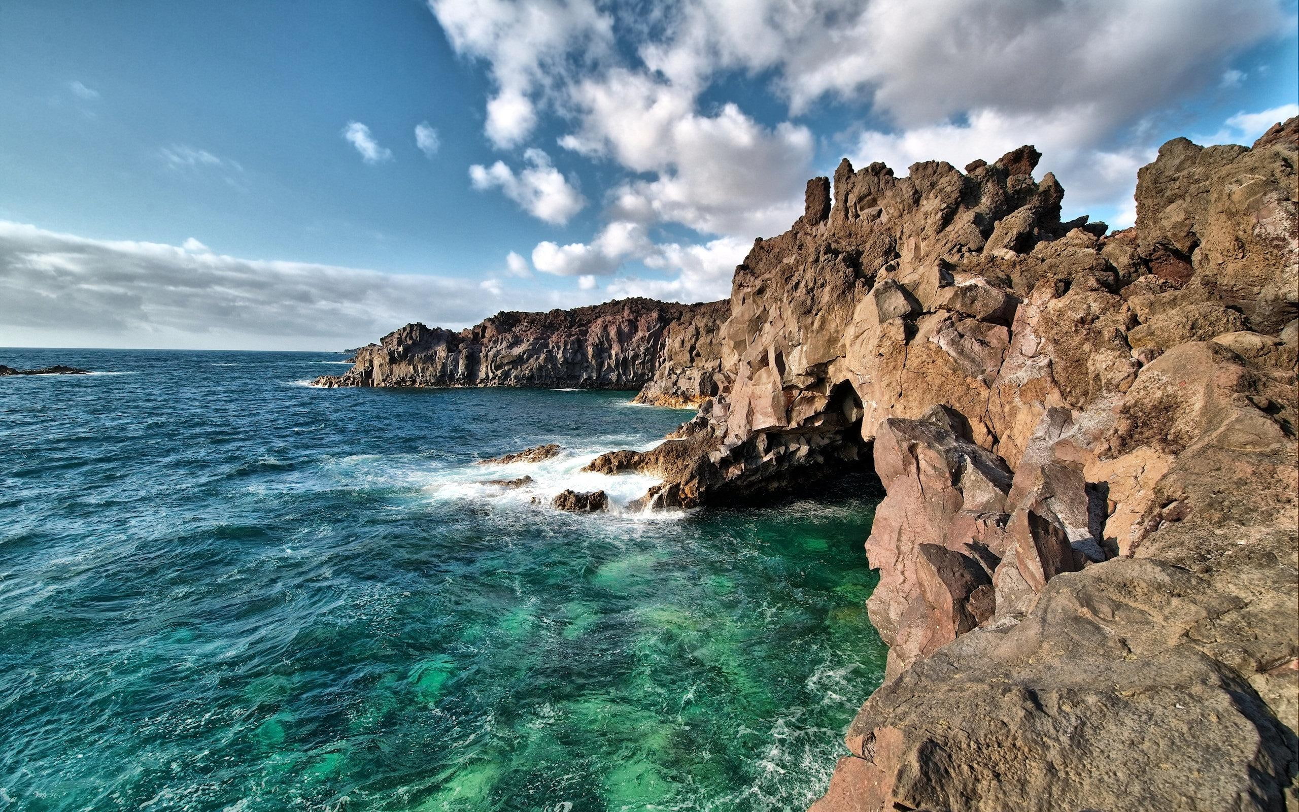 2K, water, hervideros, nature and landscapes, beautiful, spain, clouds, ocean, rocks, los, nature, HD Wallpaper