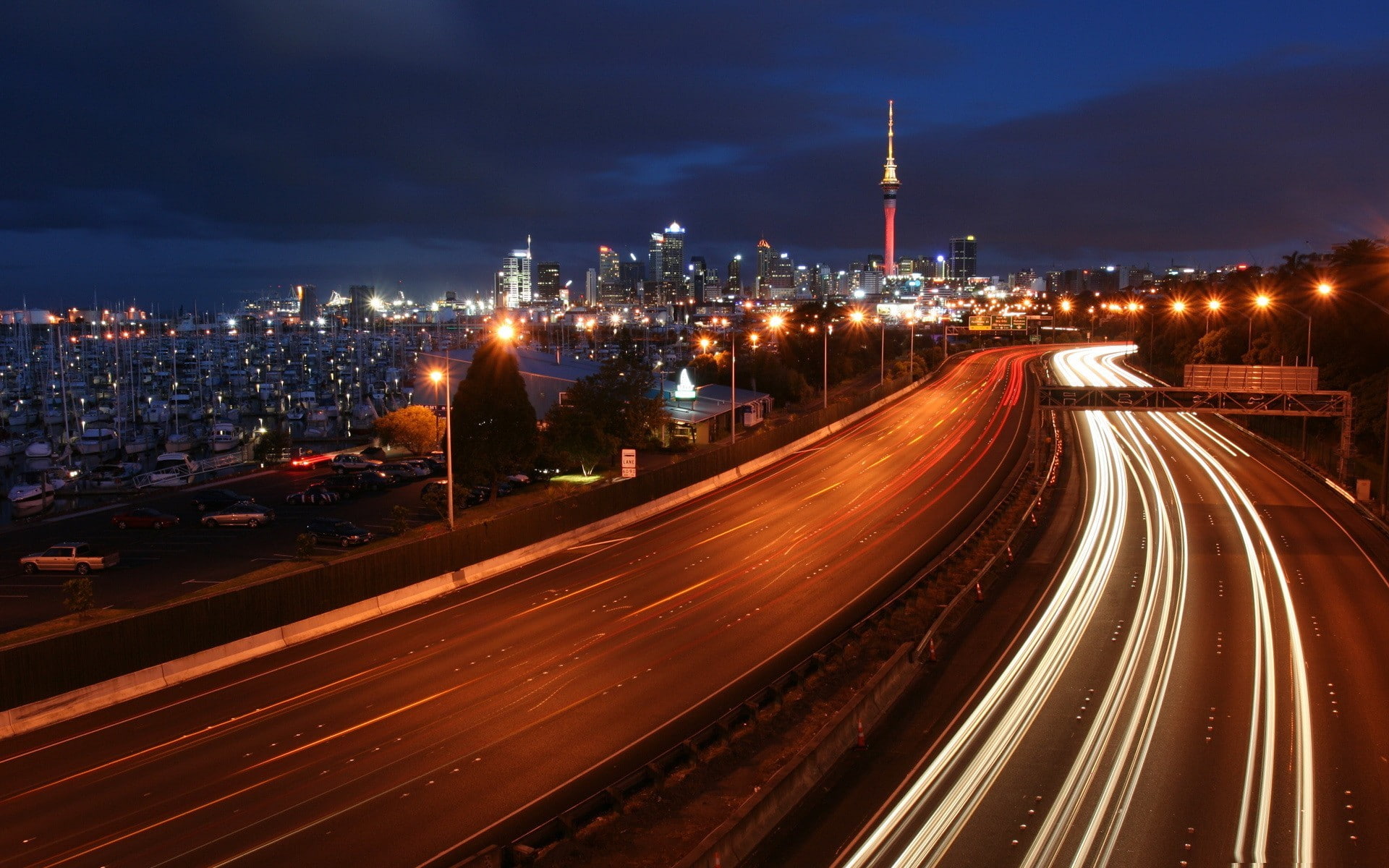 Melbourne, no people, outdoors, built structure, city, multiple lane highway, night, cityscape, transportation, building exterior, skyscraper, 1080P, high angle view, HD Wallpaper