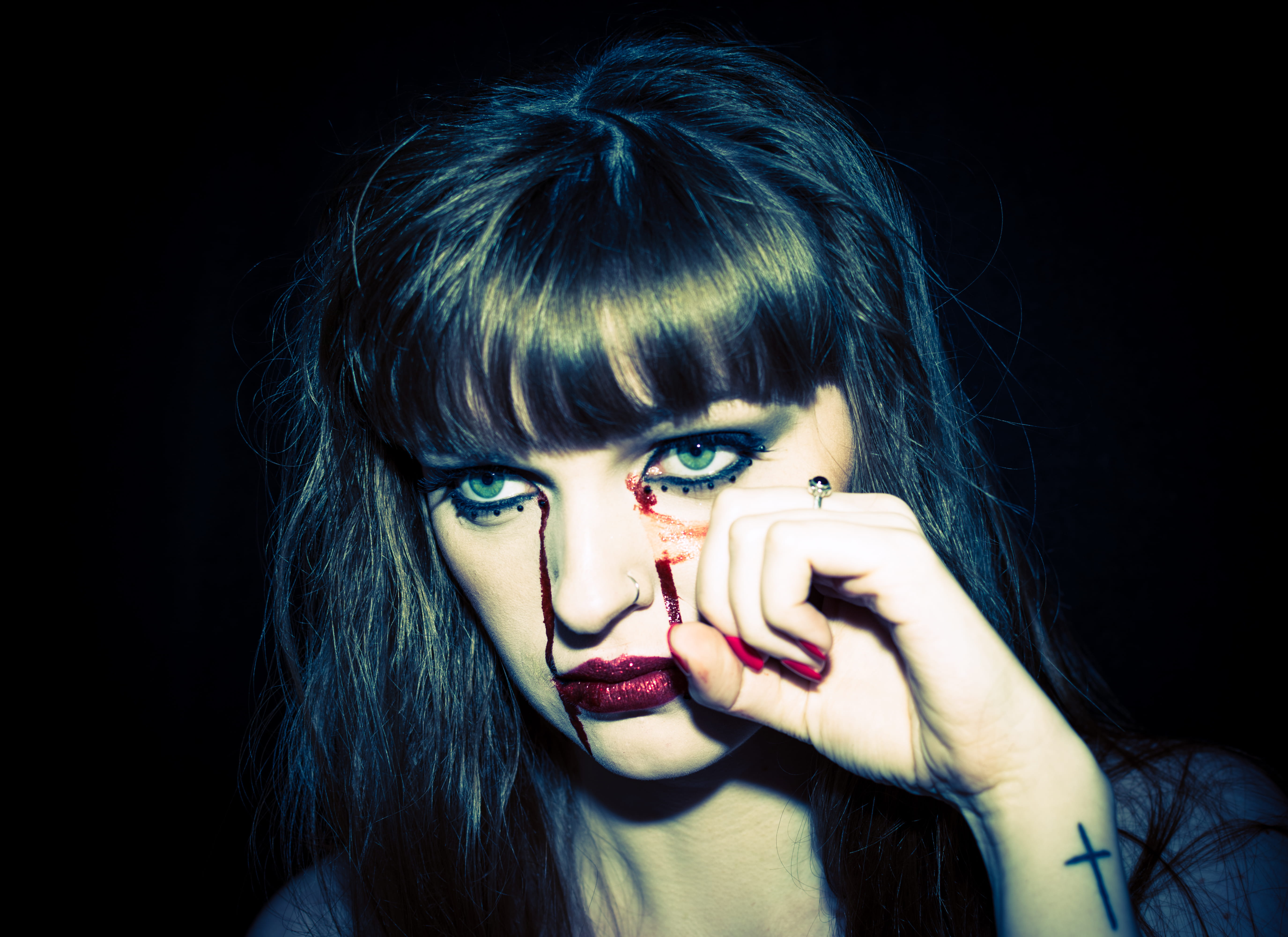 front view, make-up, cross, dark, adult, portrait, woman, bangs, one person, moody, crying, headshot, indoors, young women, model, looking at camera, young adult, HD Wallpaper