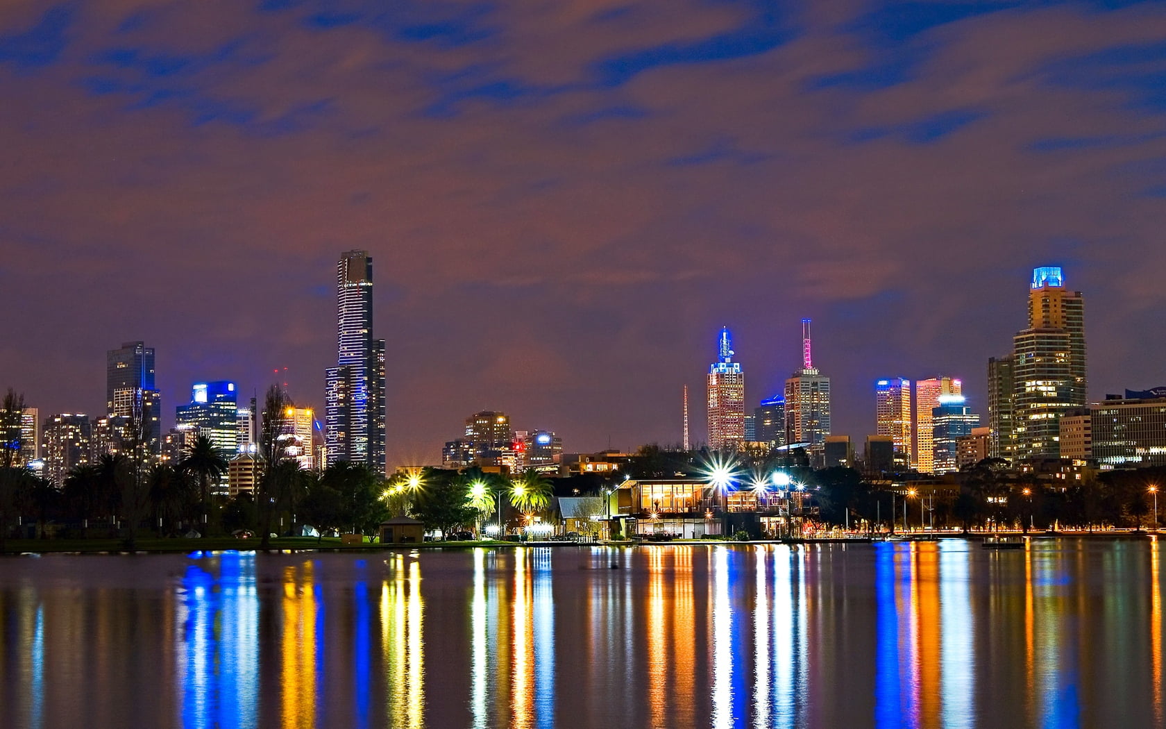 downtown District, building Exterior, no people, lake, water, office Building, asia, illuminated, landscape, night, dusk, lights, panoramic, body, modern, HD Wallpaper
