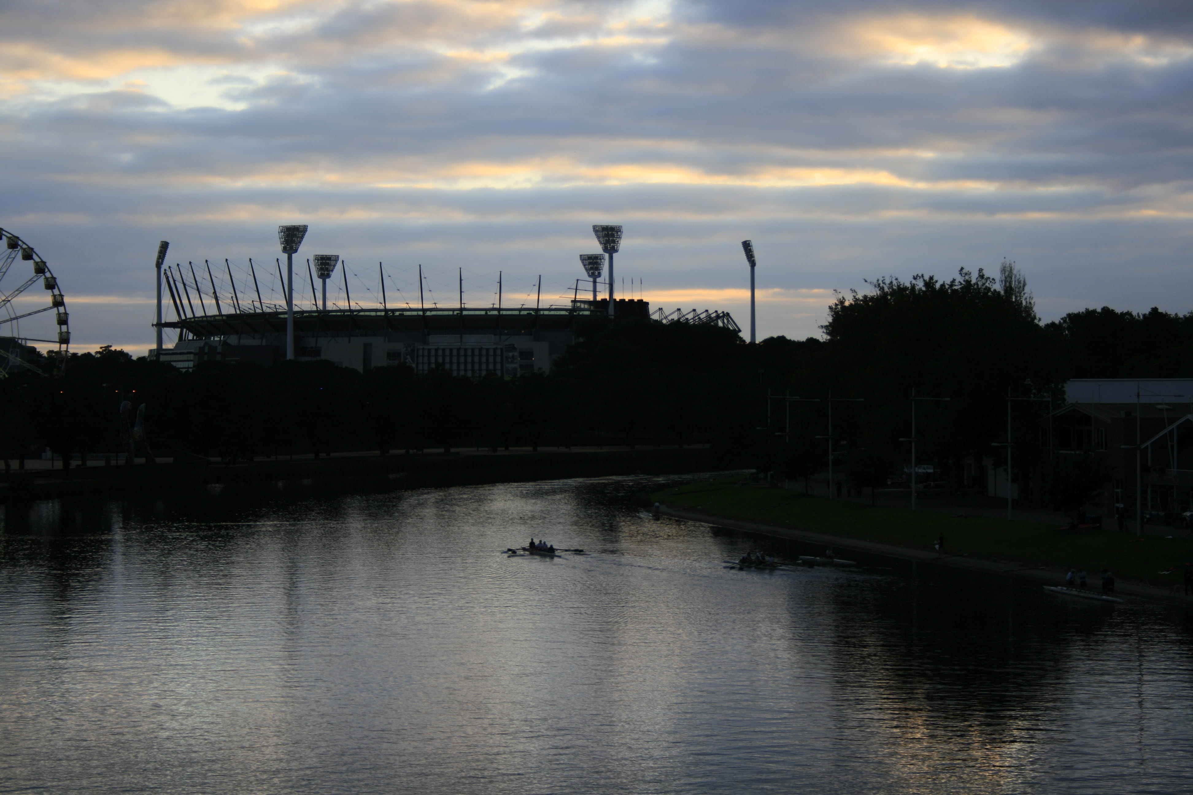 construction industry, no people, factory, melbourne, built structure, outdoors, architecture, stadium, cloud - sky, industry, sunrise, mcg, tree, reflection, HD Wallpaper