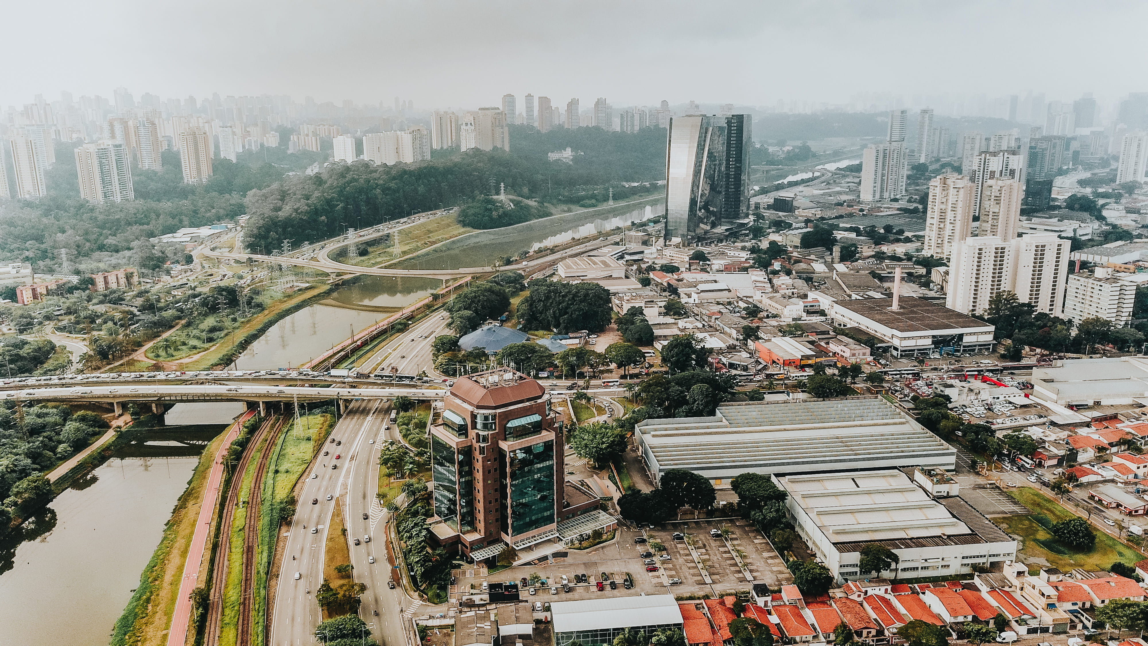 buildings, nature, 4K, no people, travel, high angle shot, aerial shot, view, motor vehicle, sky, high angle view, skyscraper, bridge - man made structure, HD Wallpaper