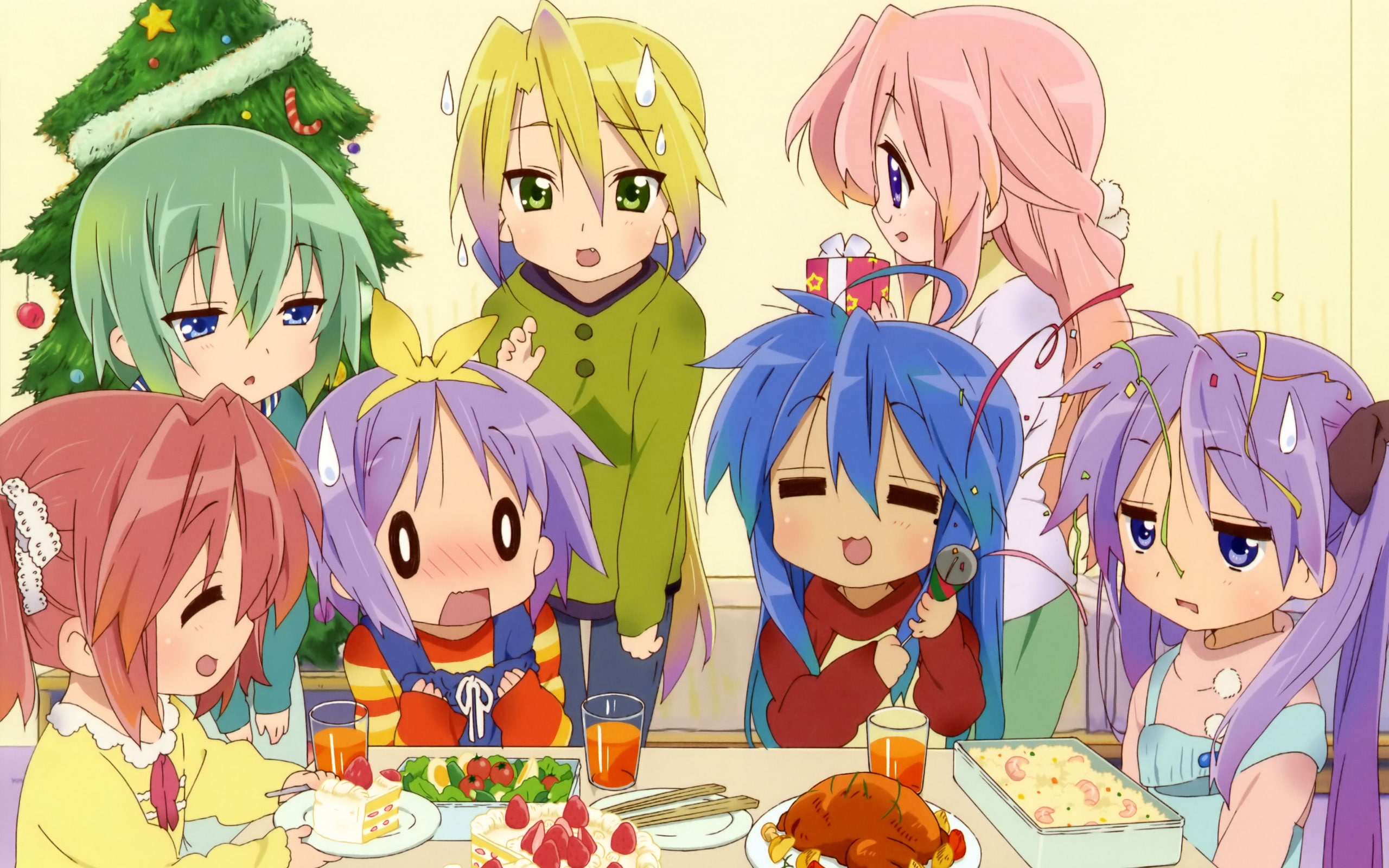 2K, izumi, iwasaki, blush, yutaka, lucky, kobayakawa, takara, konata, minami, christmas, star, miyuki, tsukasa, hiiragi, kagami, HD Wallpaper