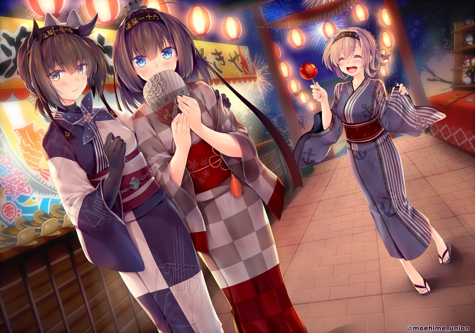 yellow eyes, representation, illuminated, creativity, blue eyes, sculpture, human representation, male likeness, Akizuki (KanColle), yukata, shopping, Hatsuzuki (KanColle), HD Wallpaper