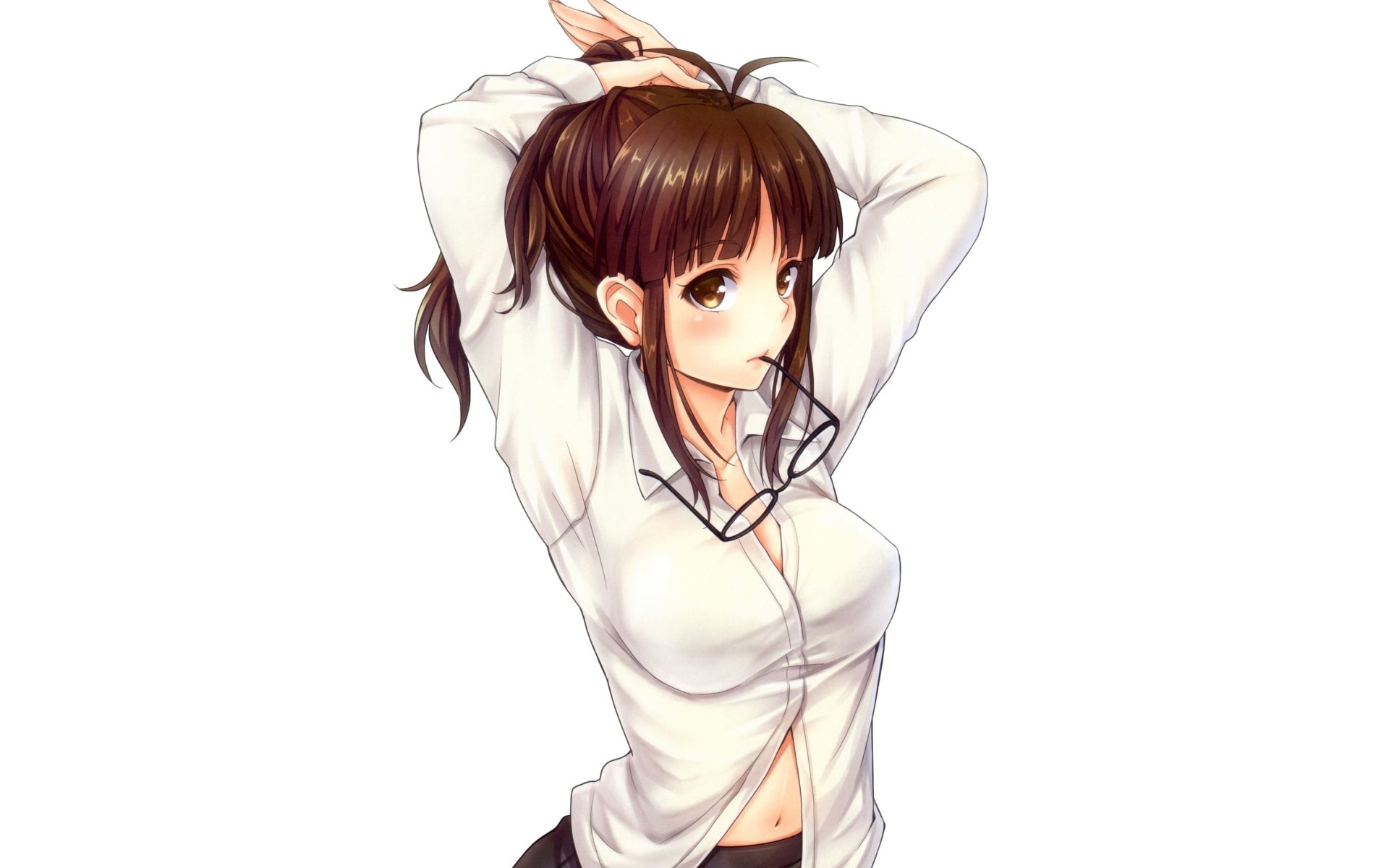 Ponytail, Glasses, 1080P, The iDOLM@STER, Girl, Shirt, Brown Hair, Brown Eyes, Ritsuko Akizuki, Blush, Anime, Long Hair, HD Wallpaper