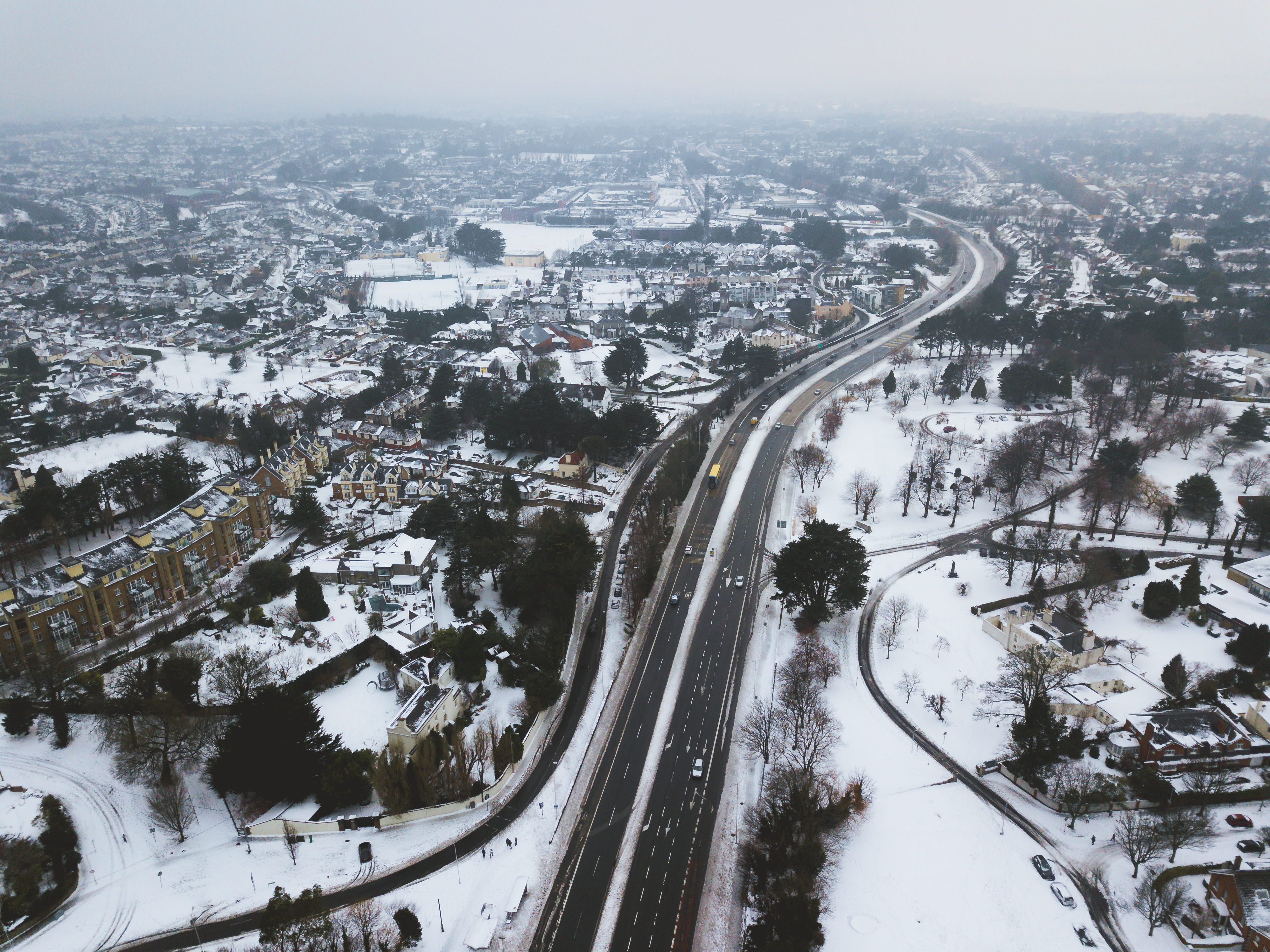 mode of transportation, aerial view, dji mavic, cold, city, building, building exterior, built structure, multiple lane highway, flying, transportation, HD Wallpaper