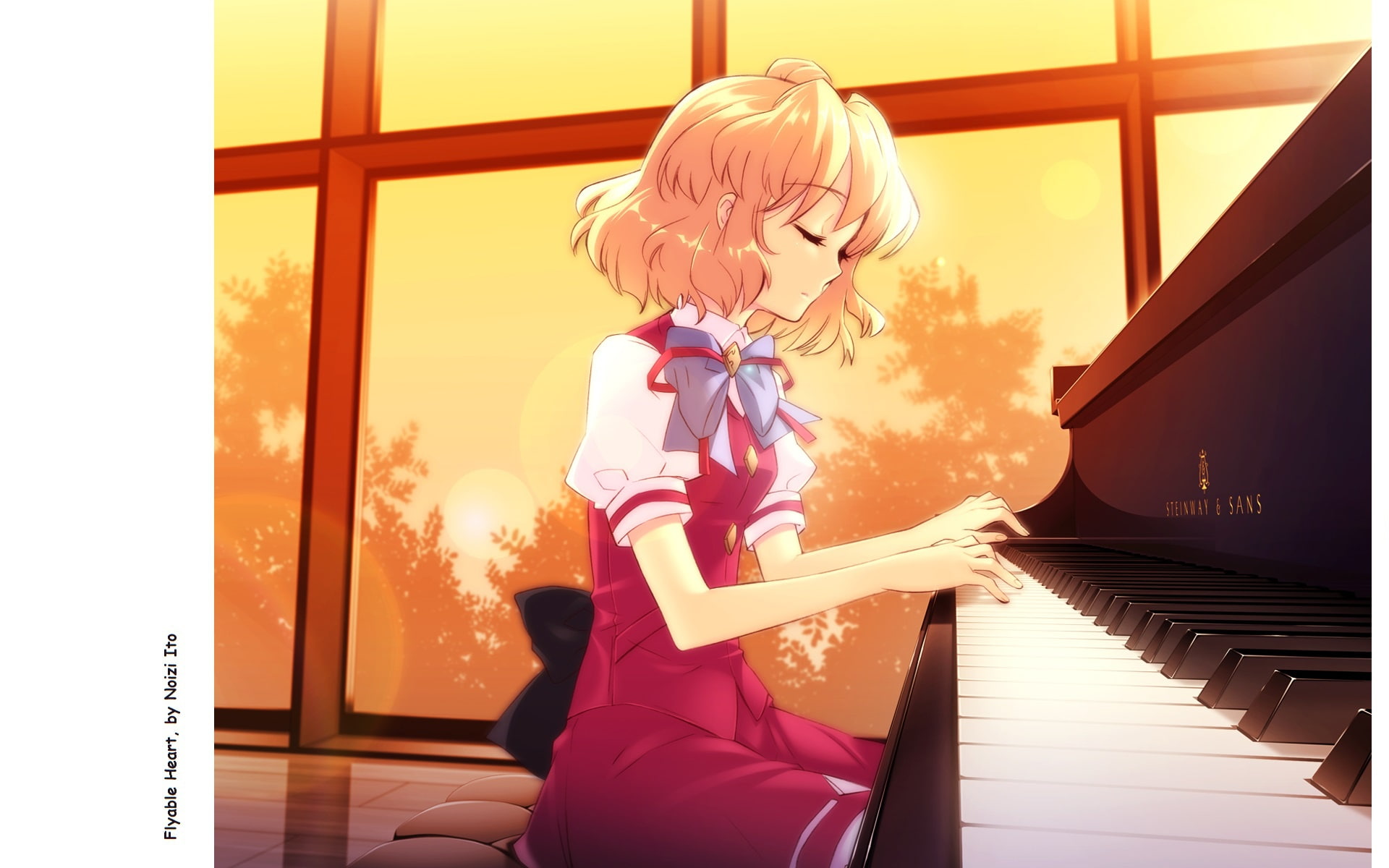 the game, visual novel, window, noizi ito, flyable heart, art, school uniform, piano, girl, amane sumeragi, 1080P, bow, closed eyes, HD Wallpaper