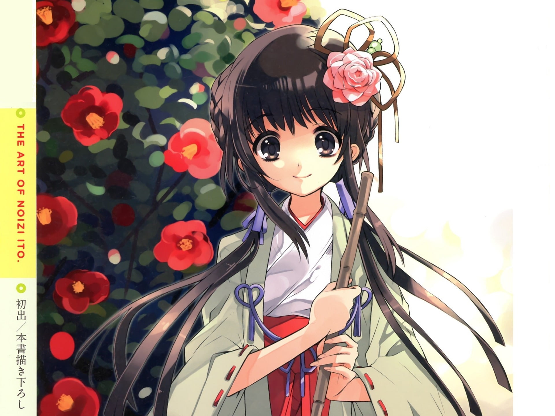 hairstyle, 1080P, Bush, priestess, characters, Camellia red, art, Noizi Ito, Japanese clothing, long hair, HD Wallpaper