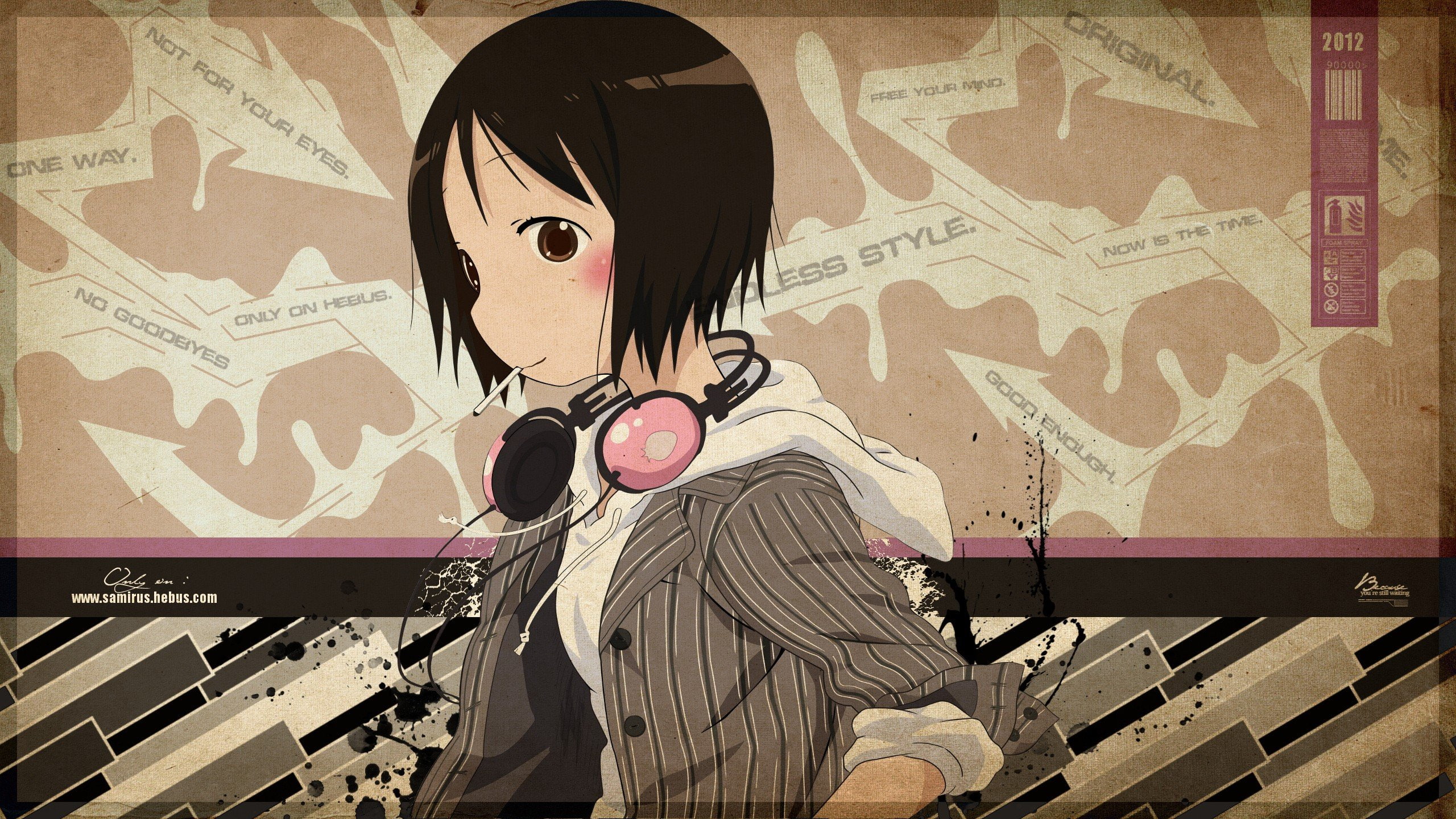 2K, girls, headphones, marshmallows, black, ichigo, hoodies, nobue, eyes, mashimaro, brown, cigarettes, hair, blush, strawberry, ito, jackets, short, anime, HD Wallpaper