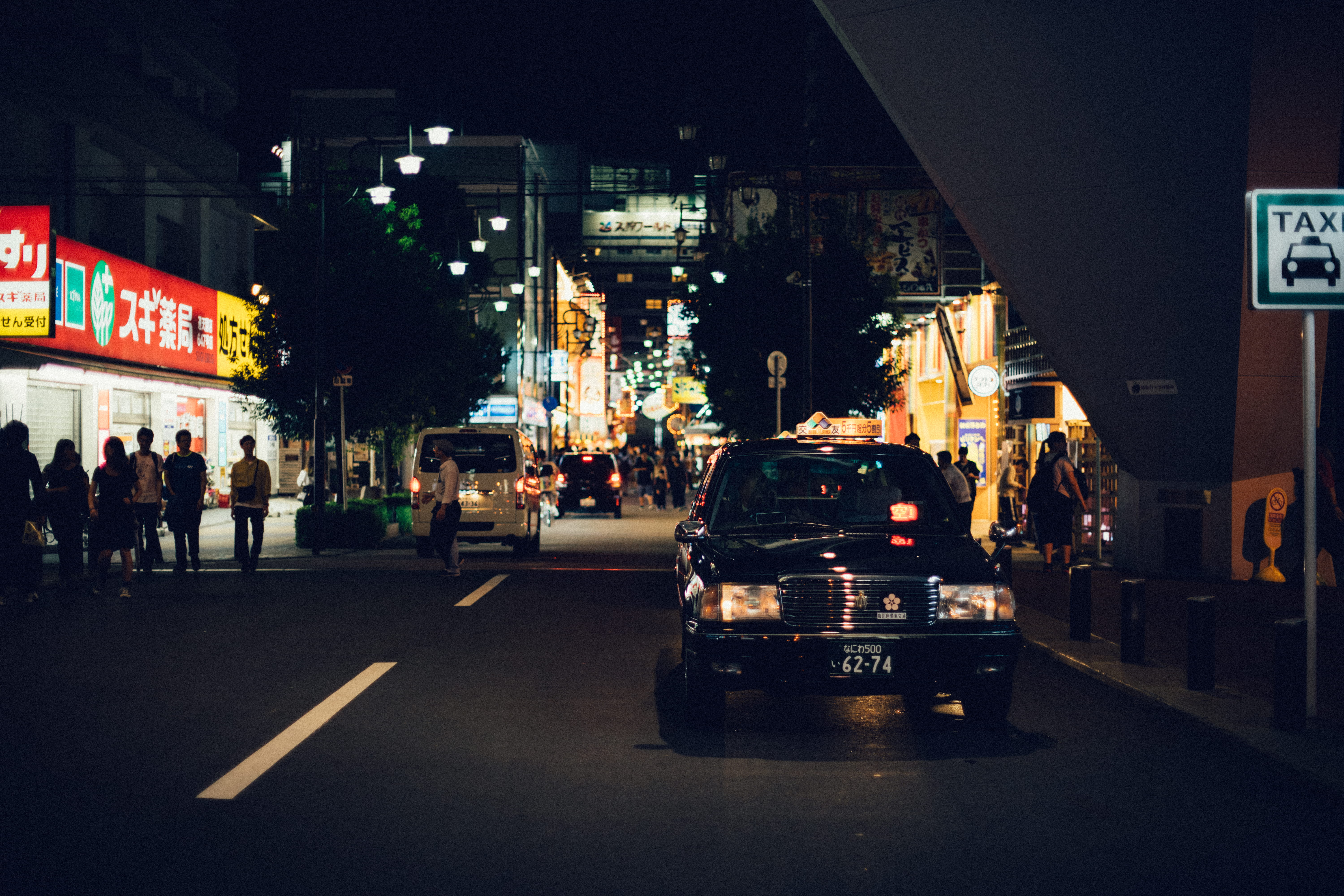 illuminated, night, sign, outdoors, car, city street, motor vehicle, mode of transportation, architecture, osaka, street, road, incidental people, taxi, HD Wallpaper