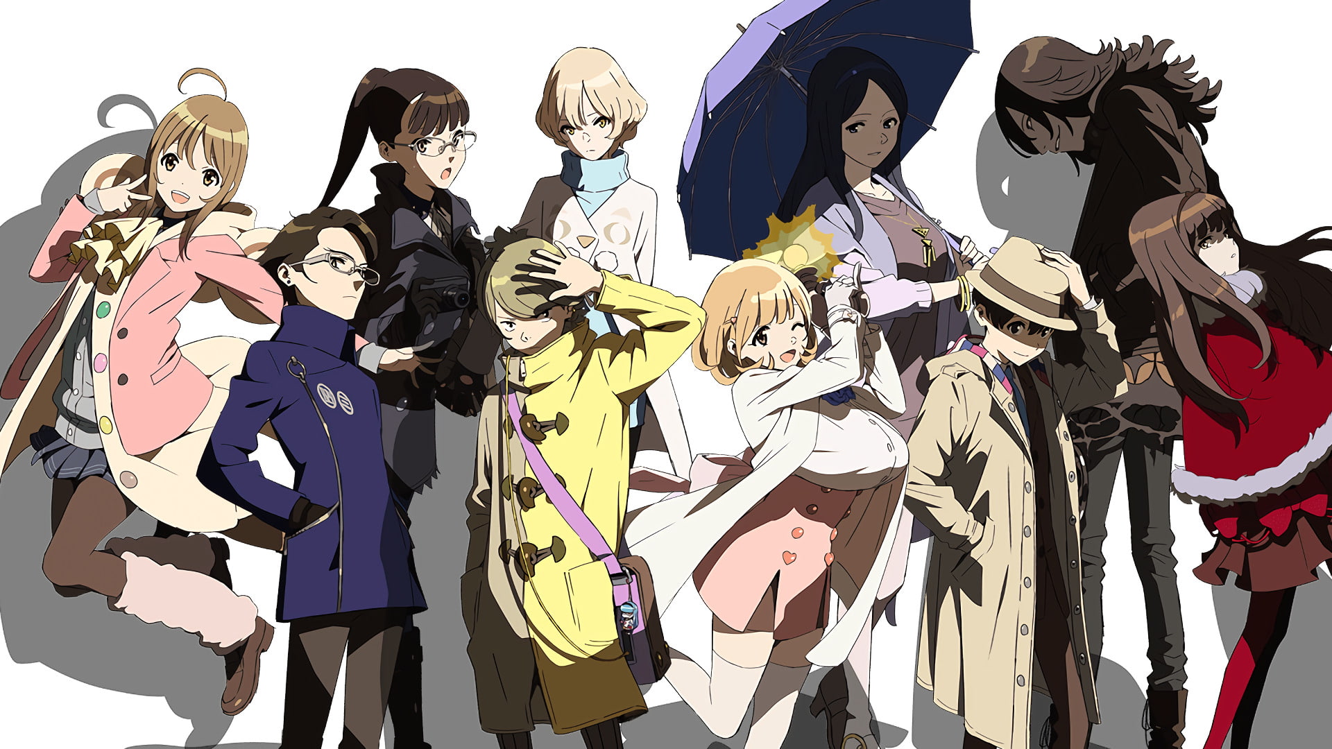 disguise, Ryouka Narusawa, celebration, white background, Miyuu Aikawa, Anime, hat, Occultic;Nine, 1080P, human representation, Touko Sumikaze, mask, Yuuta Gamon, HD Wallpaper
