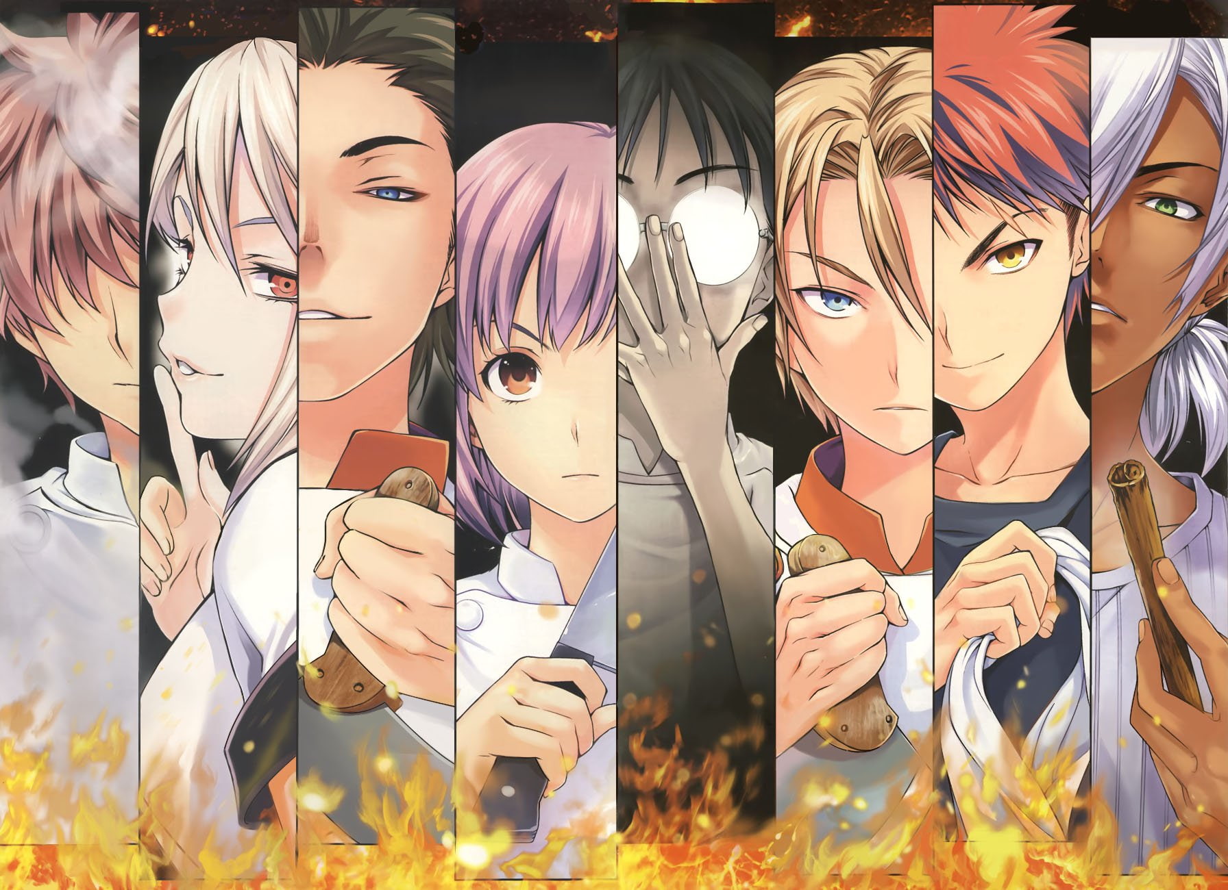 black, short, yellow, scan, group, red, hair, eyes, brown, 720P, saeki, male, knife, fire, white, glasses, green, shun, blue, HD Wallpaper
