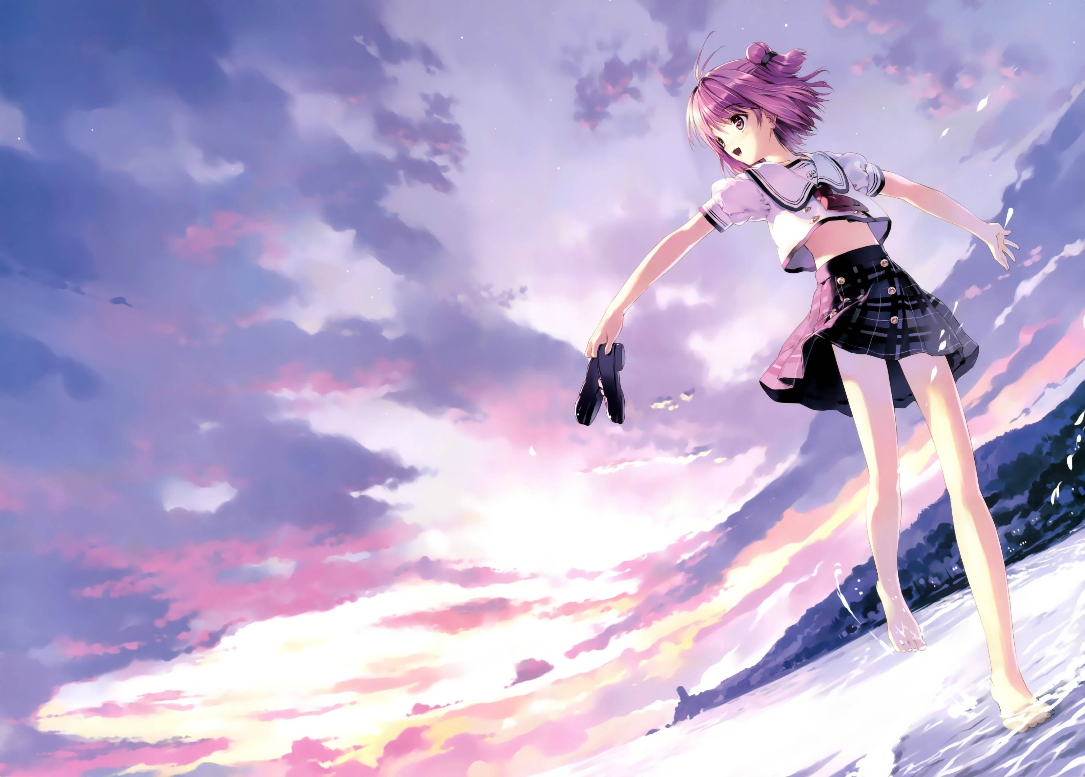 leisure activity, nature, Soshite Ashita no Sekai yori, sky, shirt, haired, motion, barefoot, anime girls, pink, Hinata Yuuhi, women, freedom, beach, near, HD Wallpaper