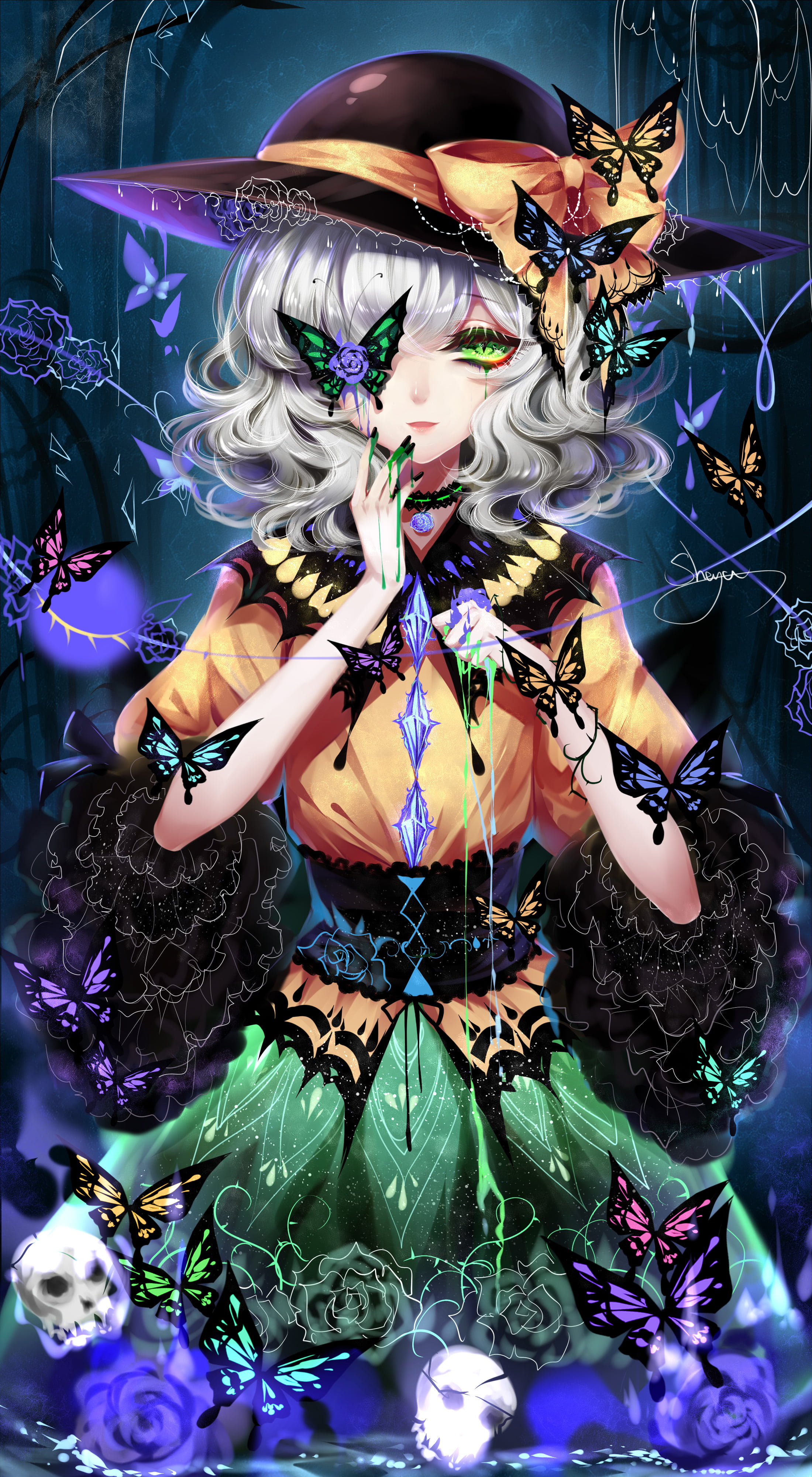 celebration, silver colored, looking at viewer, 4K, butterflies, art and craft, clothing, multi colored, Touhou, sheya, costume, fashion, dress, representation, Phone HD Wallpaper