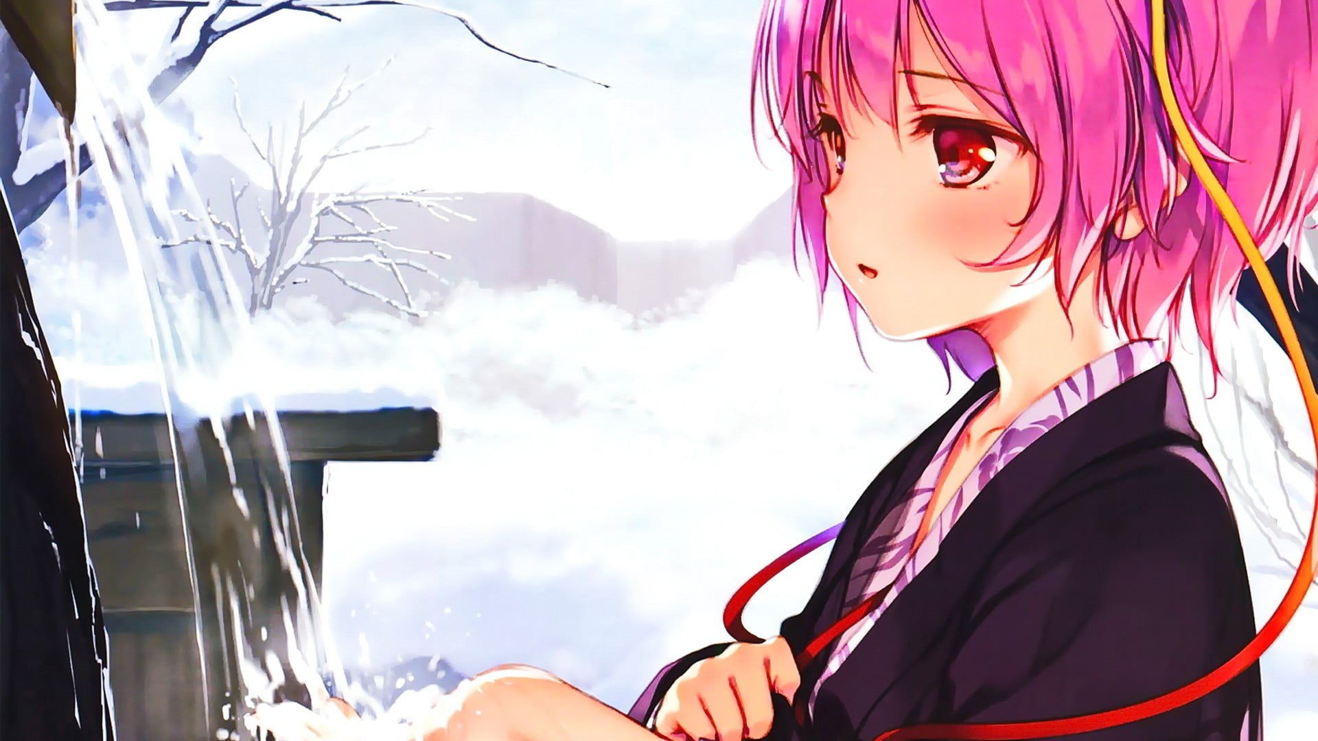 outdoors, 1080P, lifestyles, pink hair, real people, hairstyle, women, beautiful woman, Japanese clothes, anime, portrait, headshot, focus on foreground, HD Wallpaper