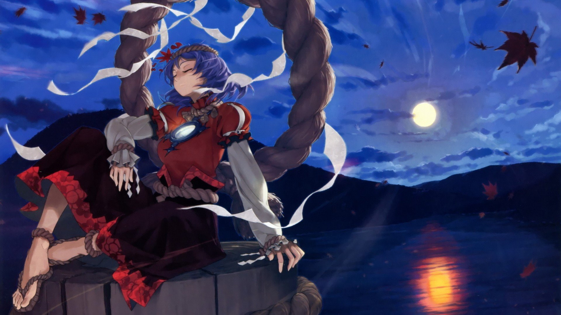 clouds, eyes, anime, ornaments, girls, goddess, 1080P, closed, reflections, onbashira, kanako, yasaka, blue, touhou, bangs, sandals, mountains, water, HD Wallpaper