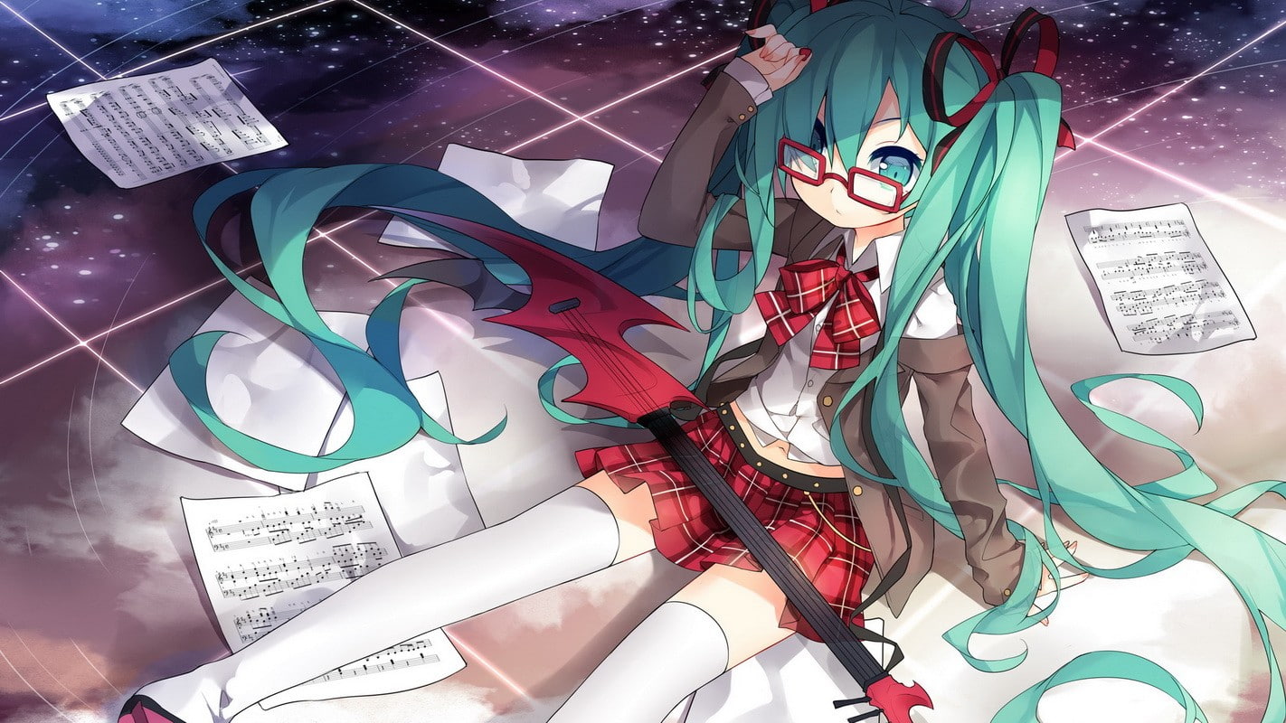 indoors, Vocaloid, fashion, sunglasses, looking at camera, shoe, celebration, creativity, long hair, anime girls, skirt, 720P, no people, anime, Hatsune Miku, HD Wallpaper