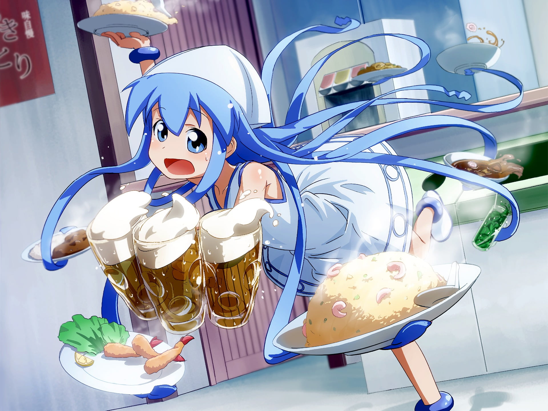 indoors, still life, anime, kitchen utensil, design, art and craft, eating utensil, blue, 1080P, Shinryaku! Ika Musume, blue eyes, sweet food, human representation, HD Wallpaper