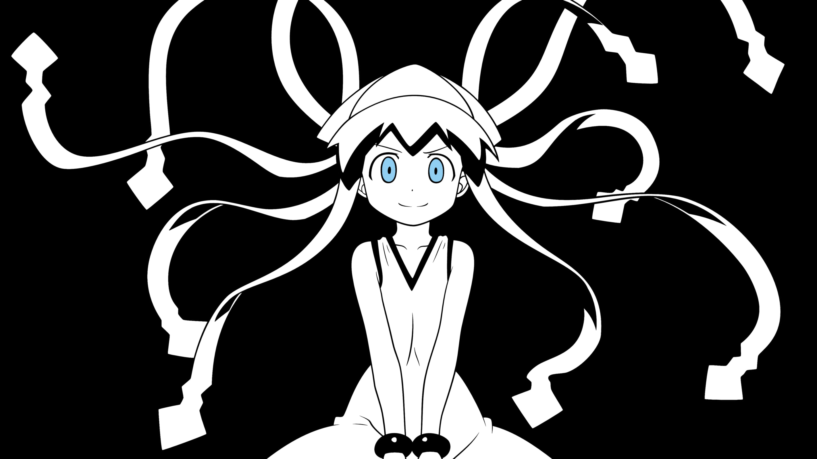 night, anime girls, 2K, illuminated, Shinryaku! Ika Musume, standing, front view, indoors, male likeness, black background, horned, human body part, one person, HD Wallpaper