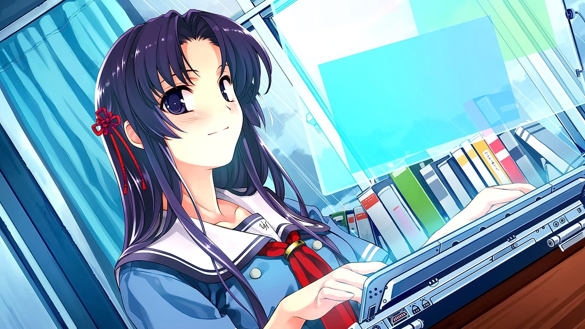 young adult, school uniform, three quarter length, 1080P, adult, beauty, nature, looking at viewer, window, anime, clothing, blue eyes, Deep Blue Sky and Pure White Wings, HD Wallpaper