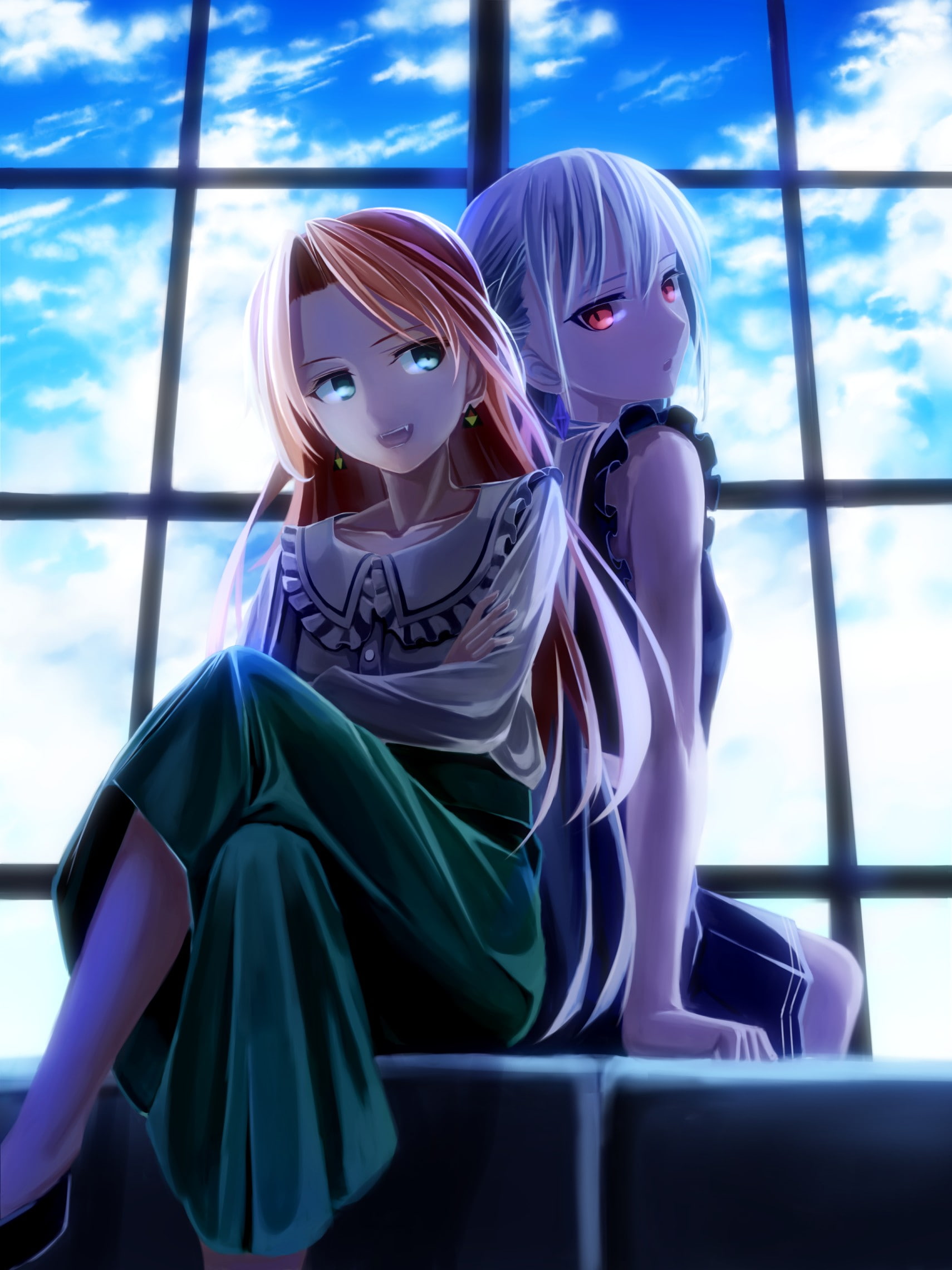 1080P, vampires, green eyes, anime, blue eyes, white hair, brunette, red eyes, anime girls, long hair, Phone HD Wallpaper